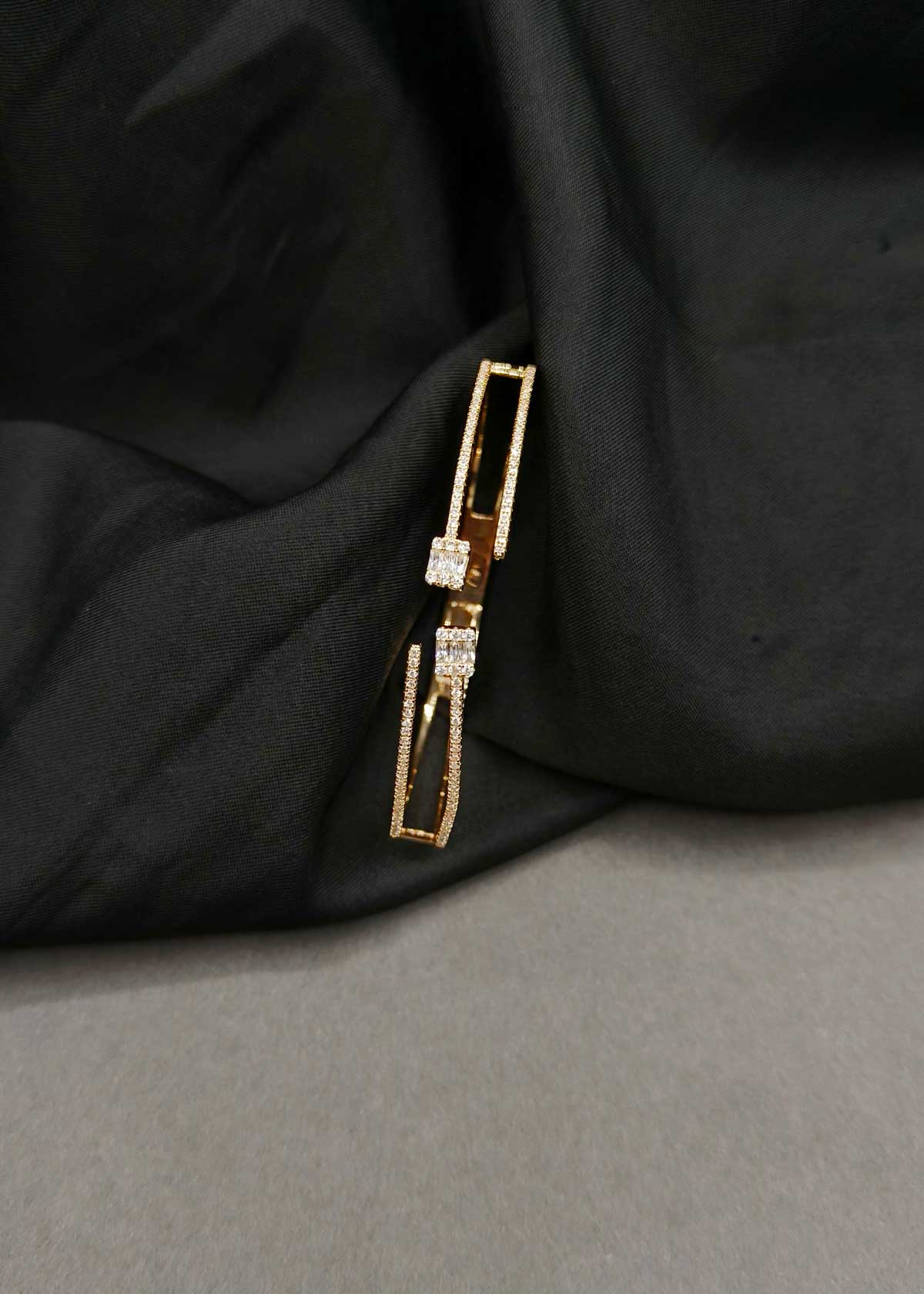 Geometric Gold And Silver Plated Cubic Zircon & Baguette Diamond Openable Kada Bracelet For Women