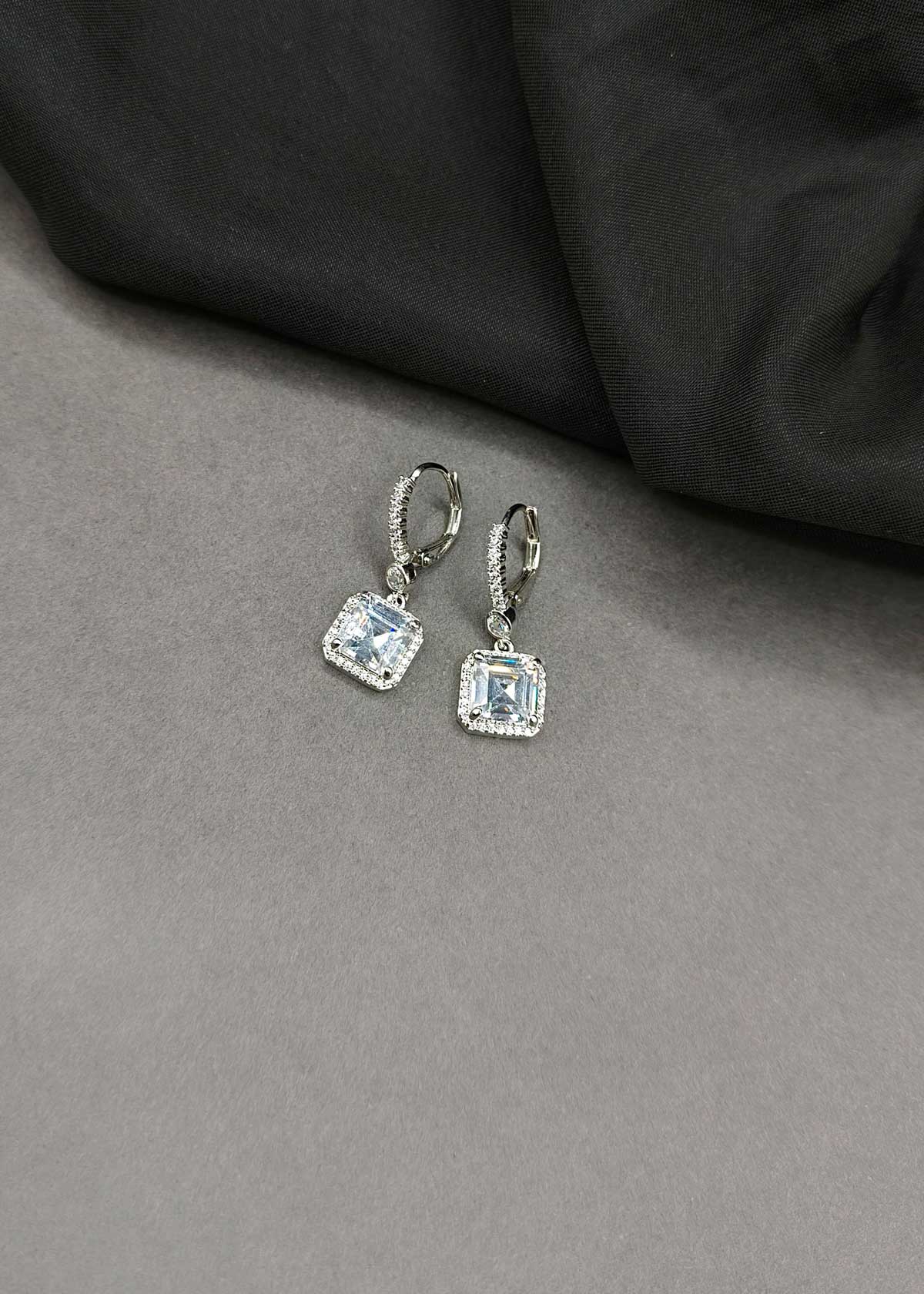 Brilliant Silver-Plated Square Halo Drop Cubic Zircon Bali Earrings For Women