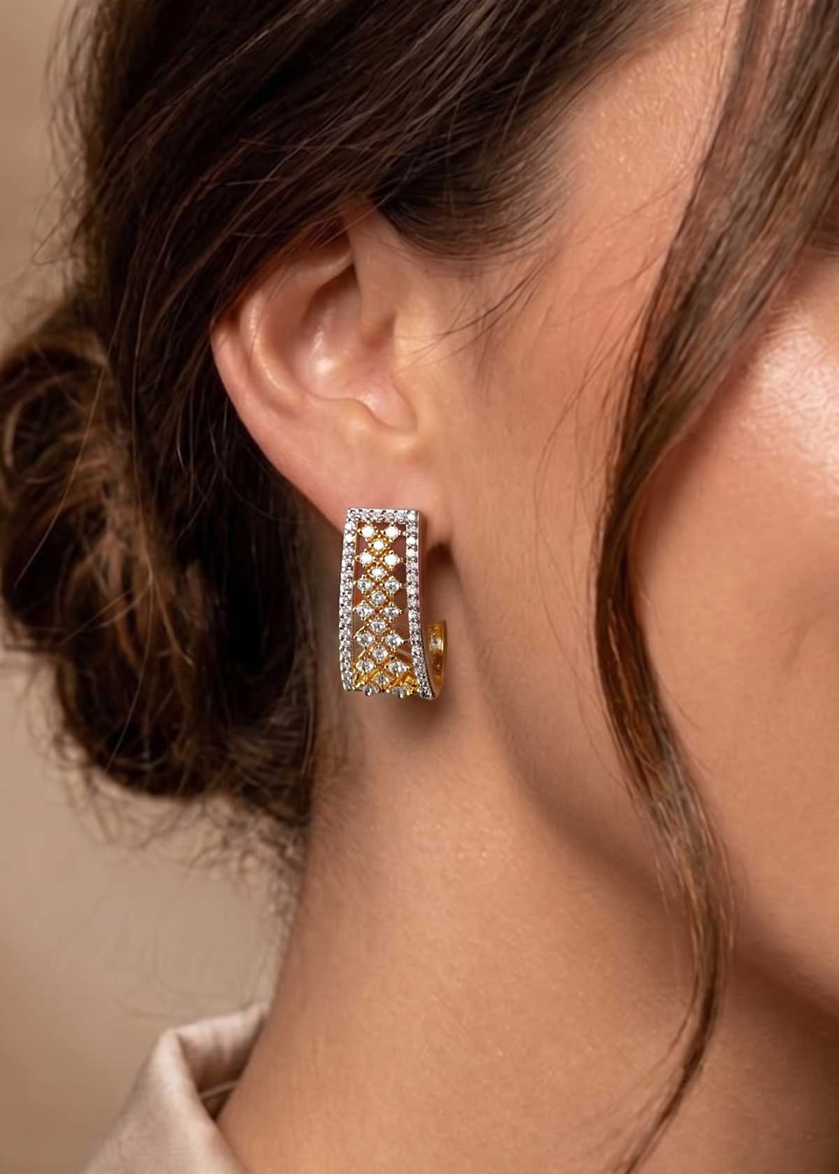 Wide Lattice Pattern Gold & Silver Plated Cubic Zircon Bali Earrings For Women
