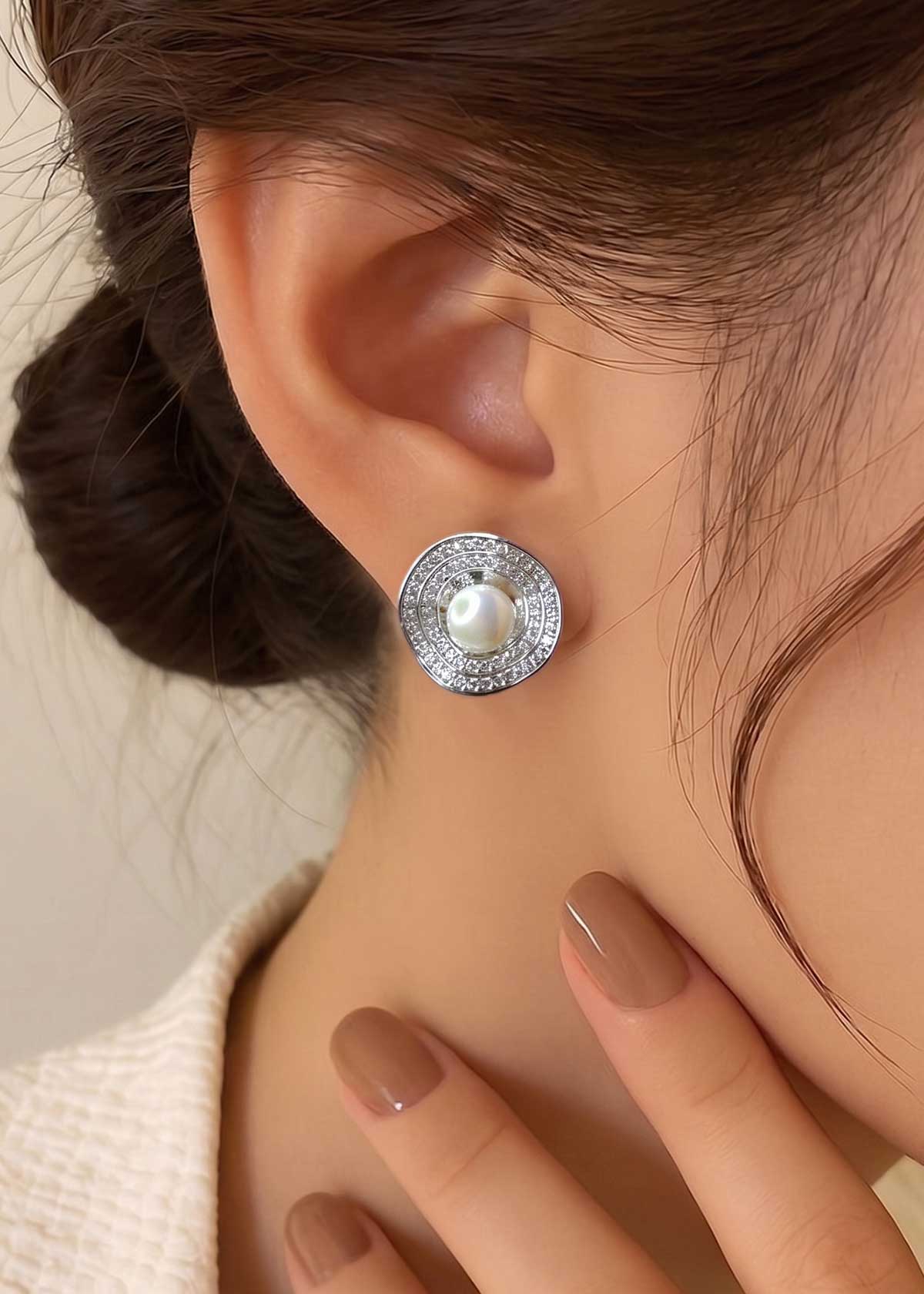 Luminous Pearl & Pave Cubic Zircon Two Tone Halo Stud Earrings For Women