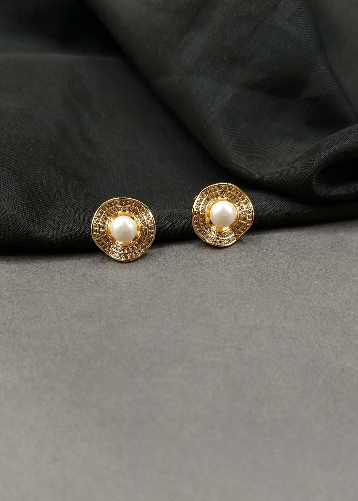 Luminous Pearl & Pave Cubic Zircon Two Tone Halo Stud Earrings For Women