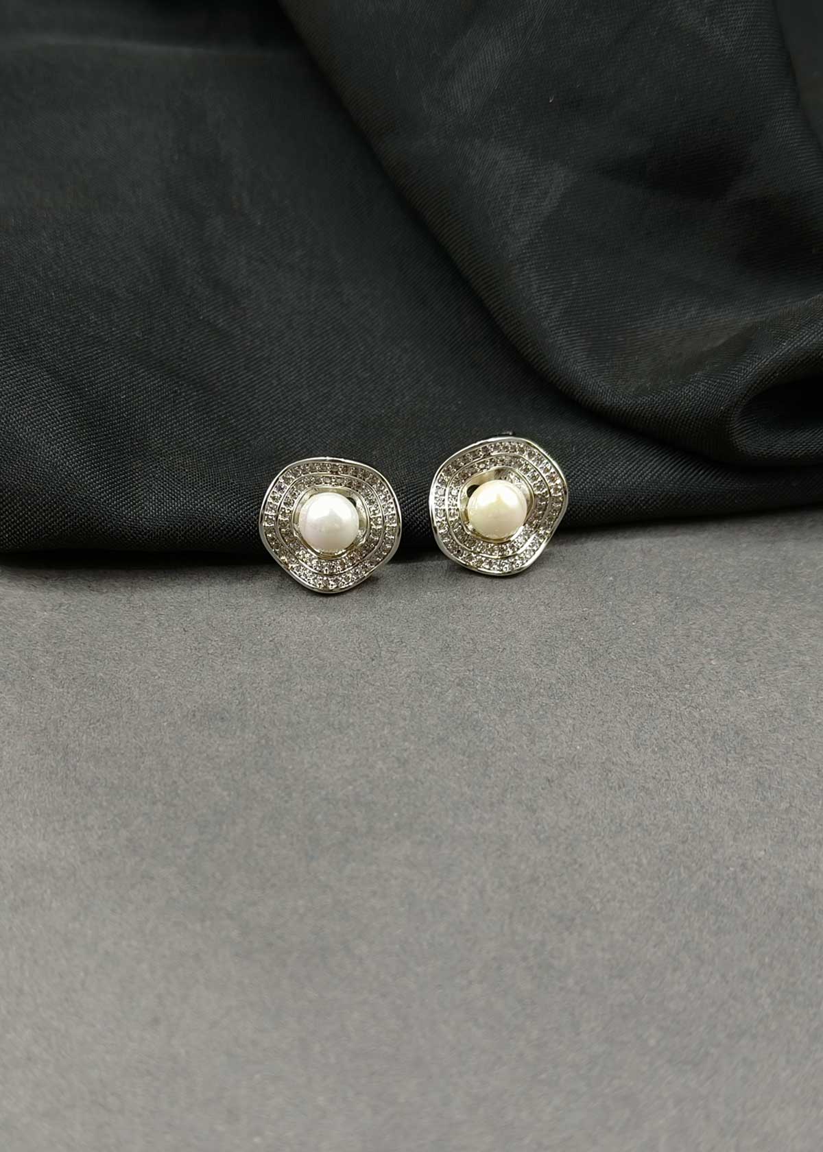 Luminous Pearl & Pave Cubic Zircon Two Tone Halo Stud Earrings For Women