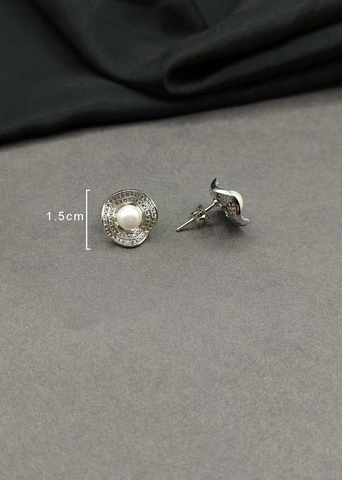Luminous Pearl & Pave Cubic Zircon Two Tone Halo Stud Earrings For Women