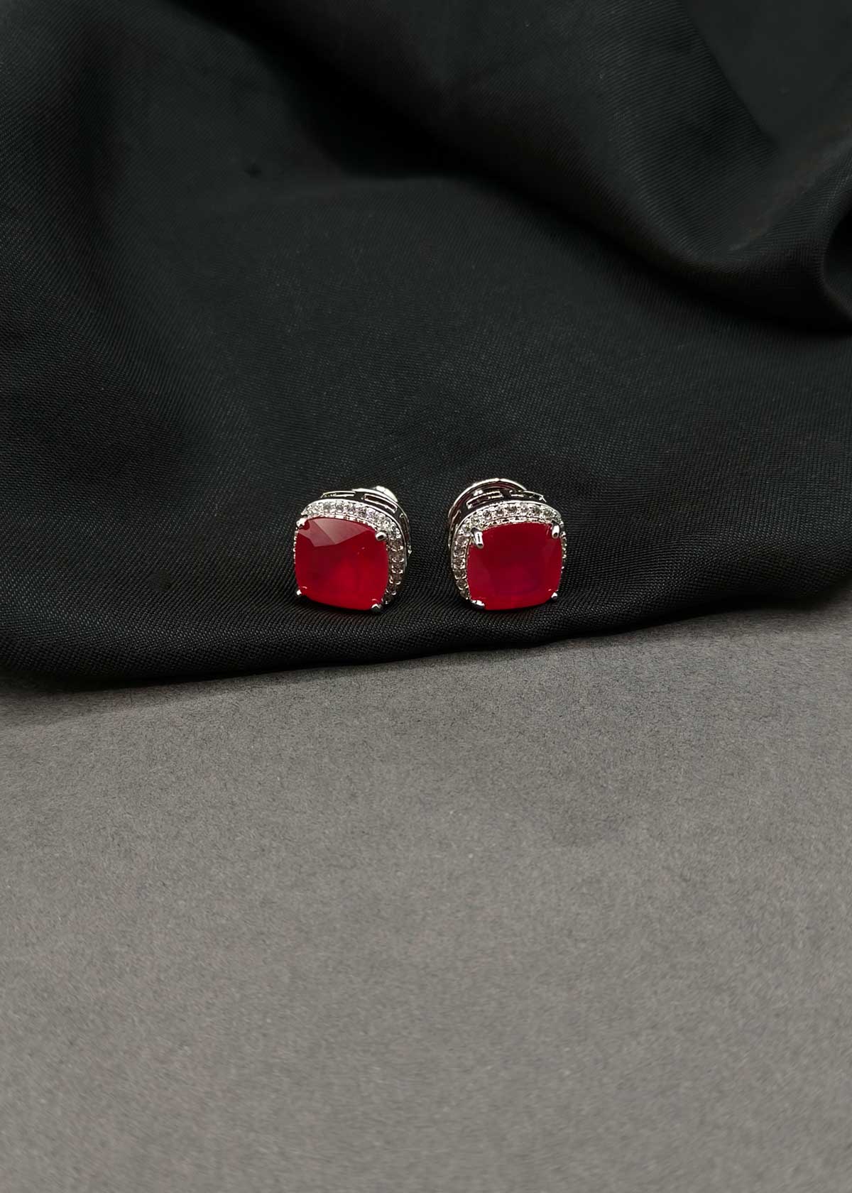 Colorful Square Gemstone & Cubic Zircon Two Tone Halo Stud Earrings For Women