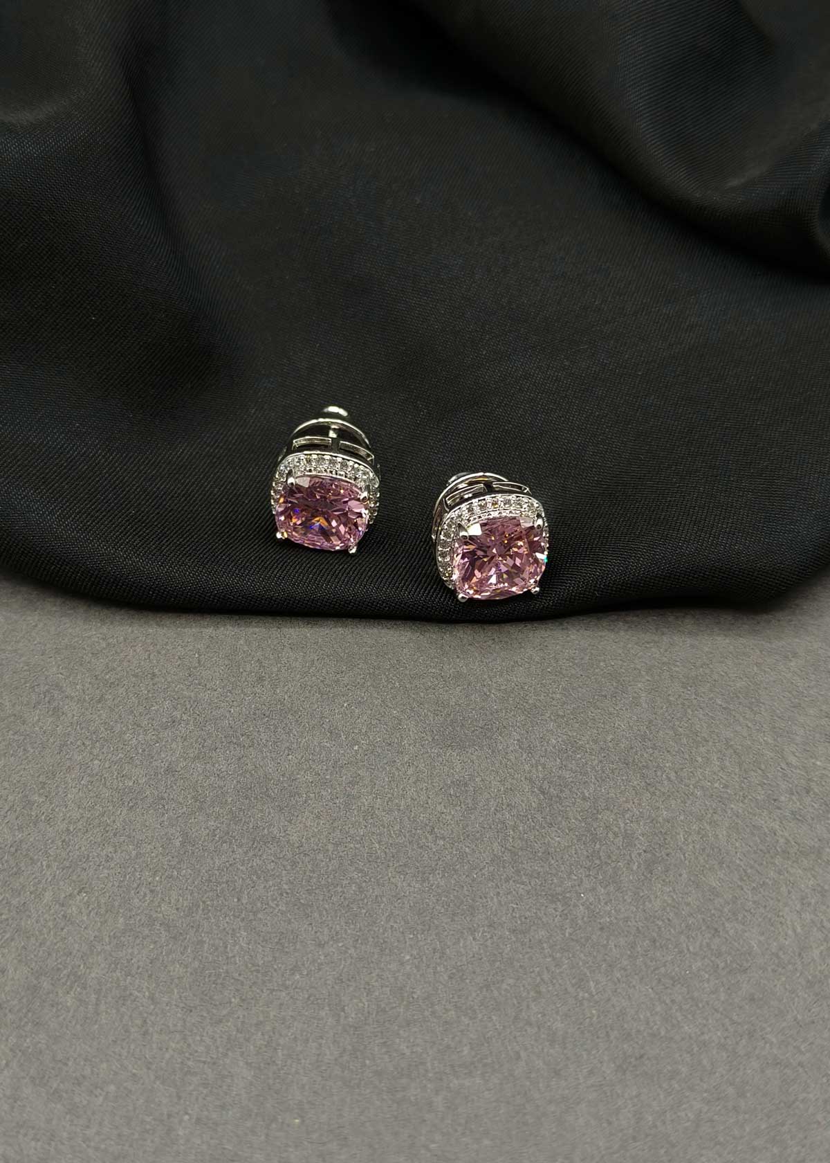Colorful Square Gemstone & Cubic Zircon Two Tone Halo Stud Earrings For Women