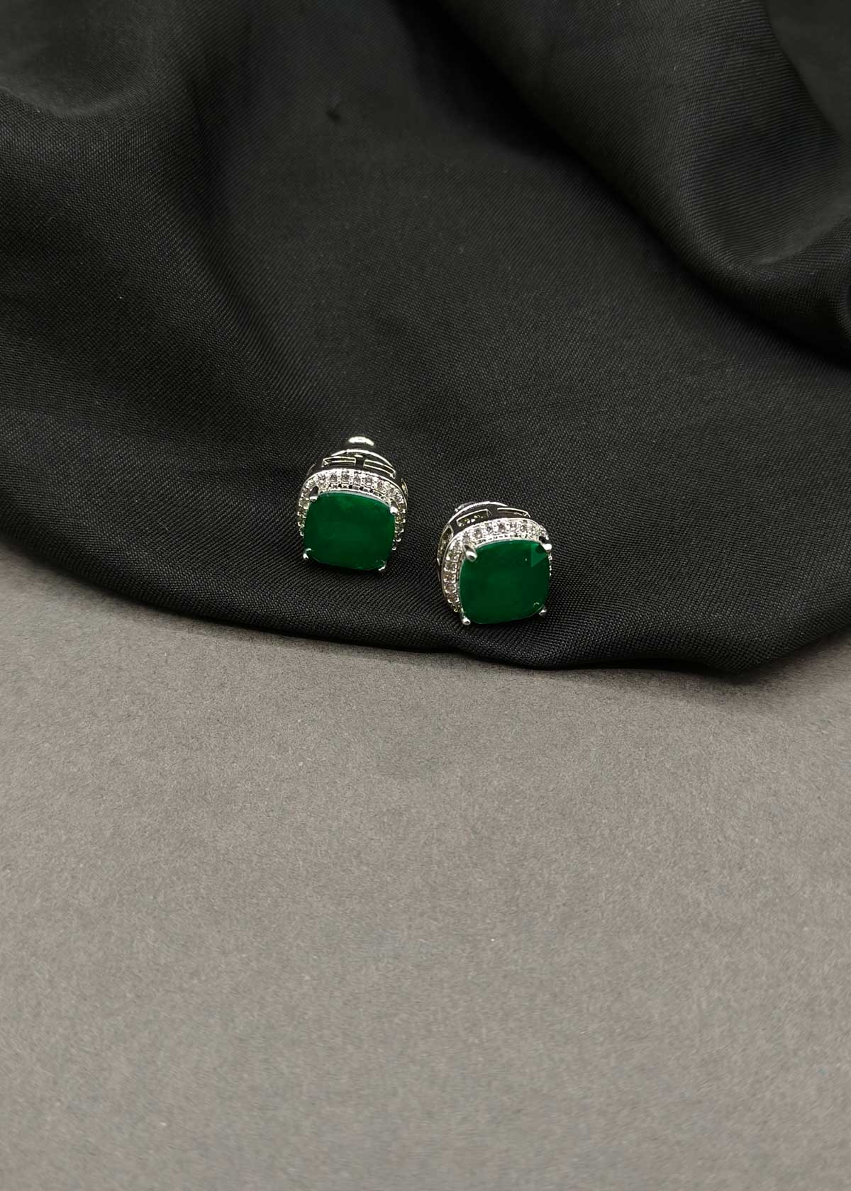 Colorful Square Gemstone & Cubic Zircon Two Tone Halo Stud Earrings For Women