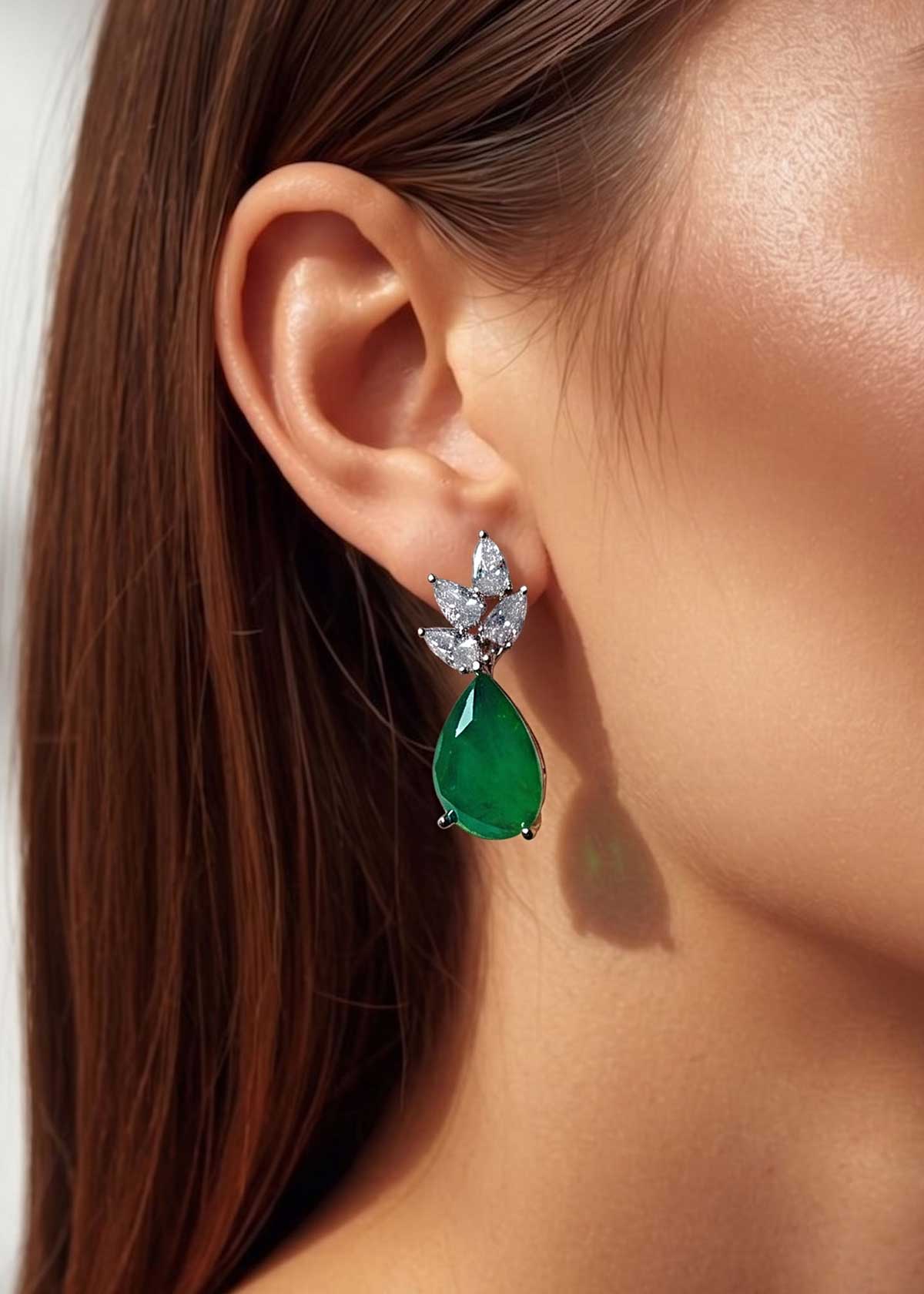 Sparkling Silver-Plated Teardrop Gemstone & Cubic Zircon Leaf Dangles Earrings For Women