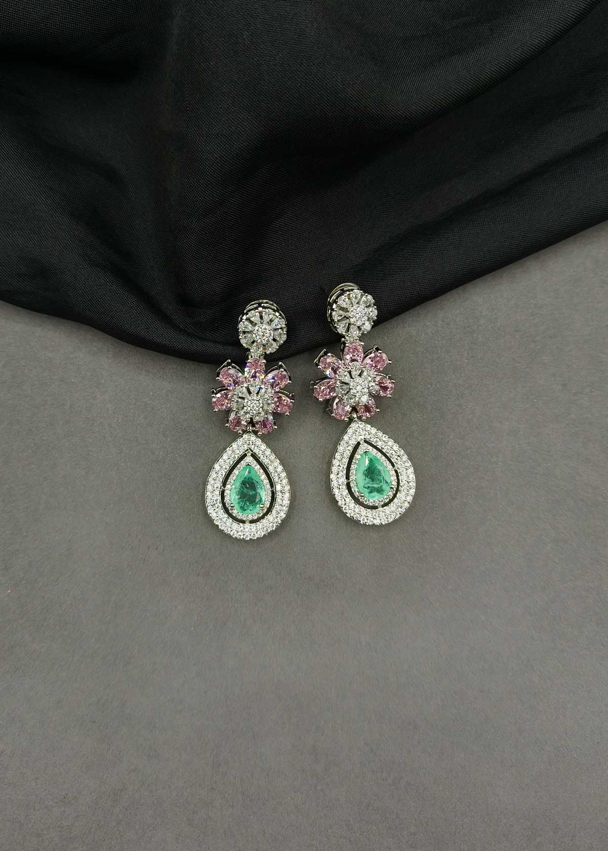 Colorful Floral Gemstone & Cubic Zircon Silver & Rose Gold Plated Teardrop Dangle Earrings For Women
