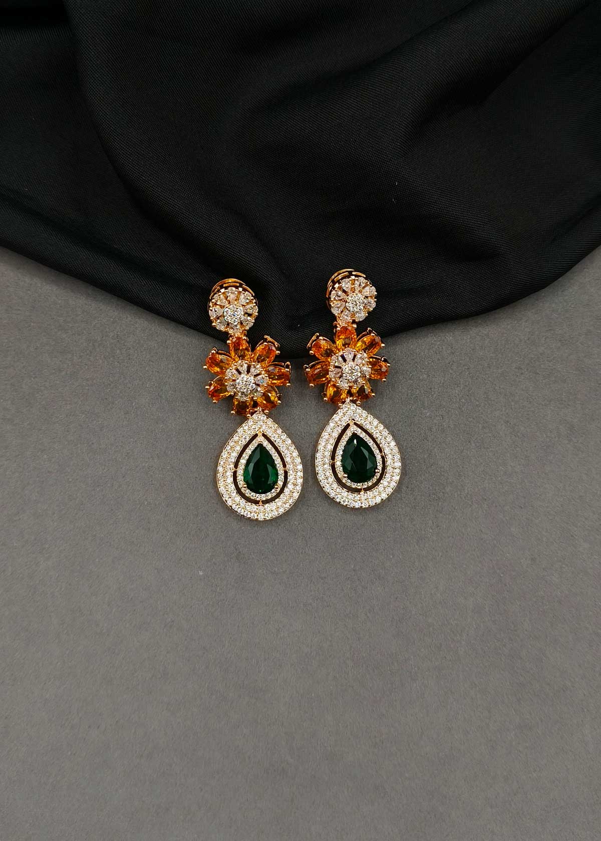 Colorful Floral Gemstone & Cubic Zircon Silver & Rose Gold Plated Teardrop Dangle Earrings For Women