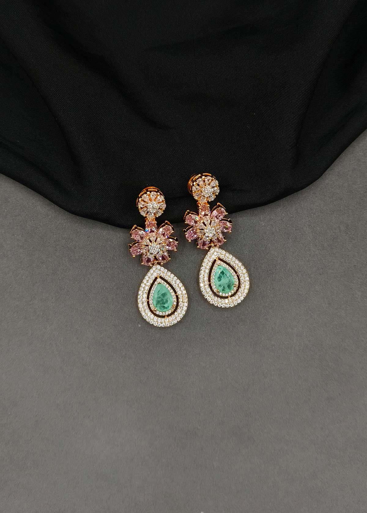 Colorful Floral Gemstone & Cubic Zircon Silver & Rose Gold Plated Teardrop Dangle Earrings For Women