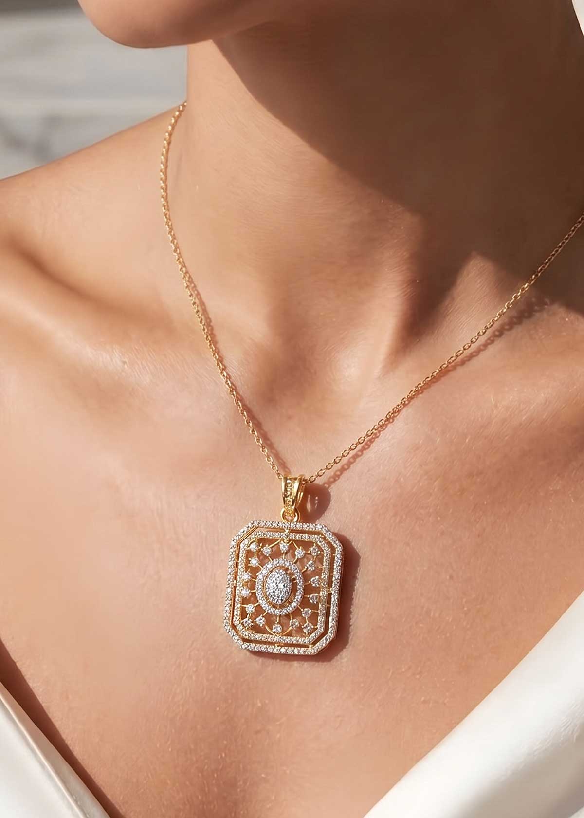 Elegant Openwork Geometric Cubic Zircon Pendant Set For Women