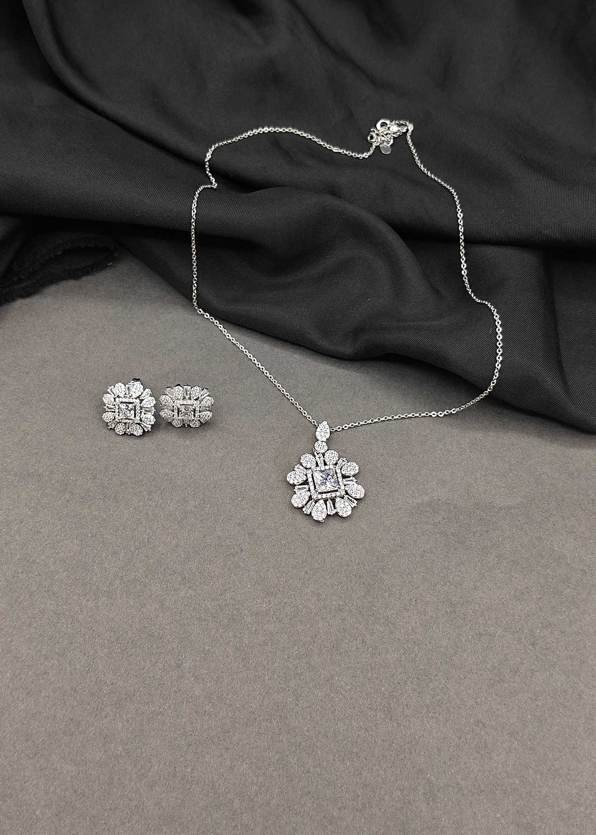 Stunning Floral Baguette And Square Cubic Zircon Pendant Set With Chain For Women