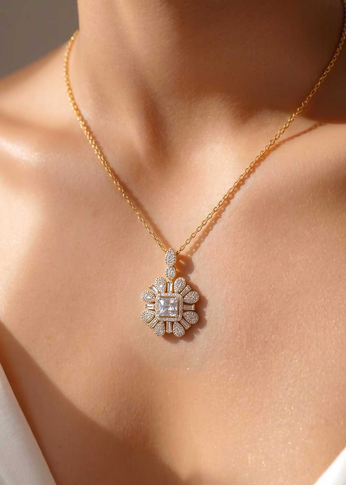 Stunning Floral Baguette And Square Cubic Zircon Pendant Set With Chain For Women