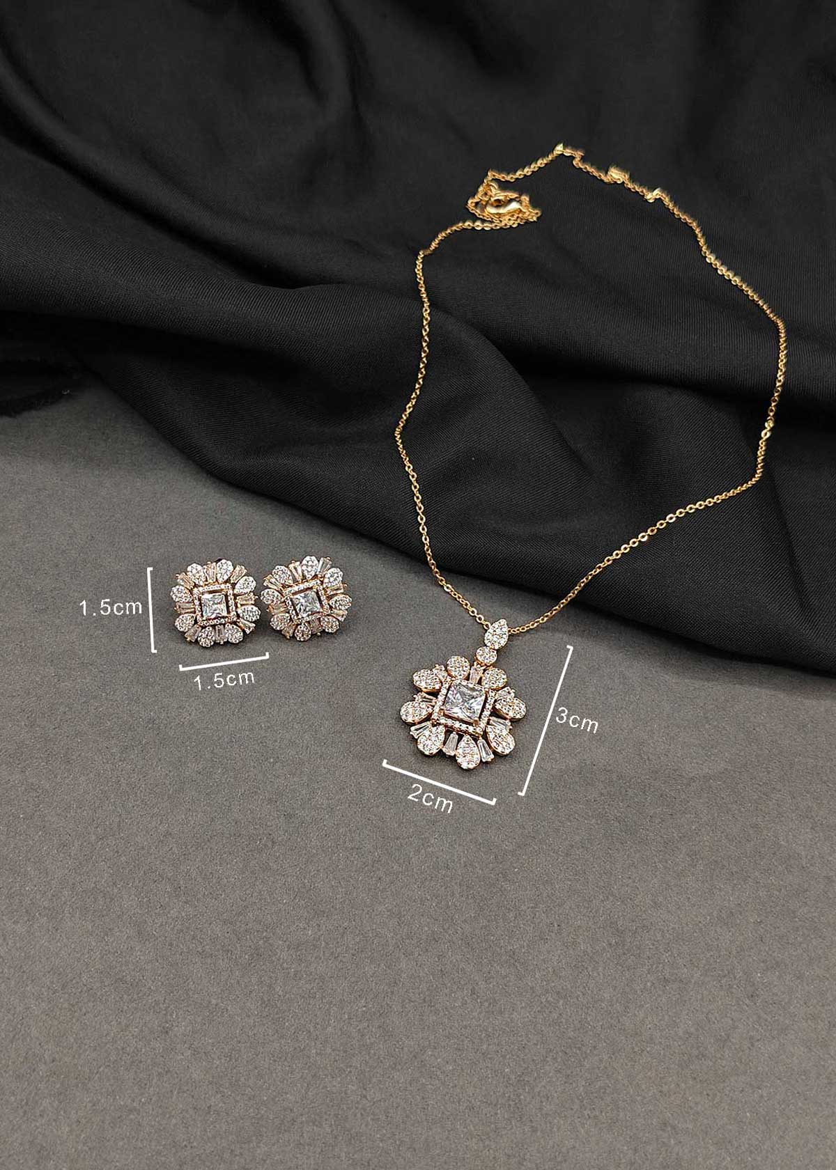Stunning Floral Baguette And Square Cubic Zircon Pendant Set With Chain For Women