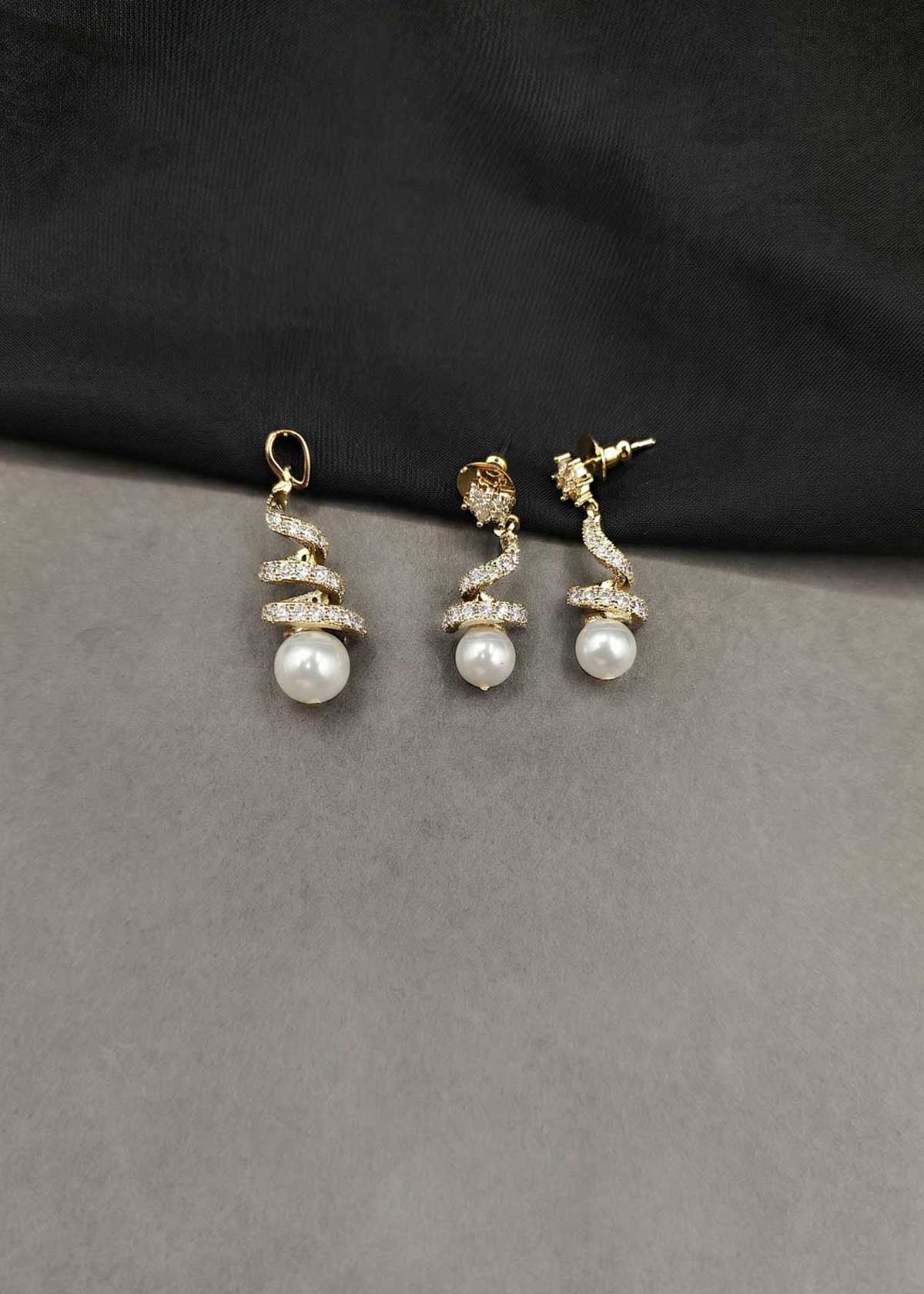 Graceful Spiral Pavé Cubic Zircon And Pearl Drop Pendant Set For Women