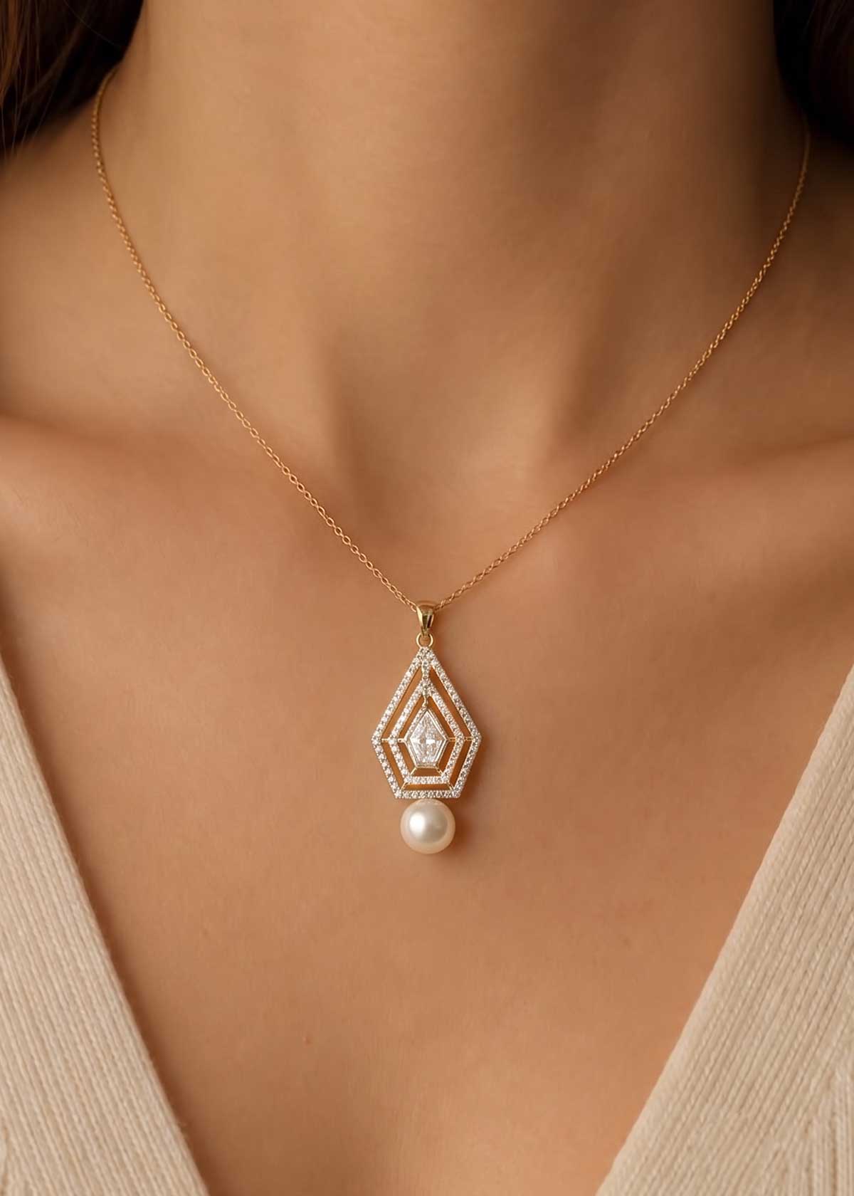 Elegant Geometric Cubic Zircon And Pearl Pendant Set For Women