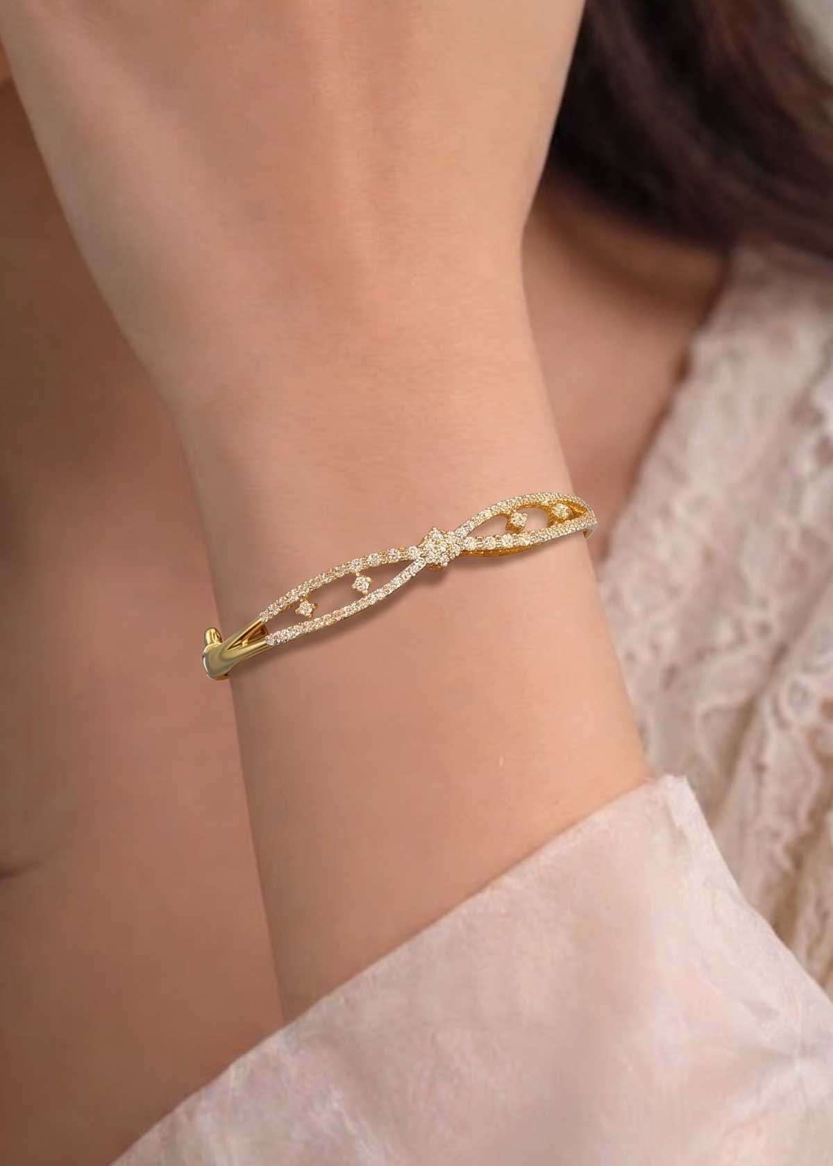 Gleaming Crossover Cubic Zircon Hinged Openable Kada Bracelet For Women