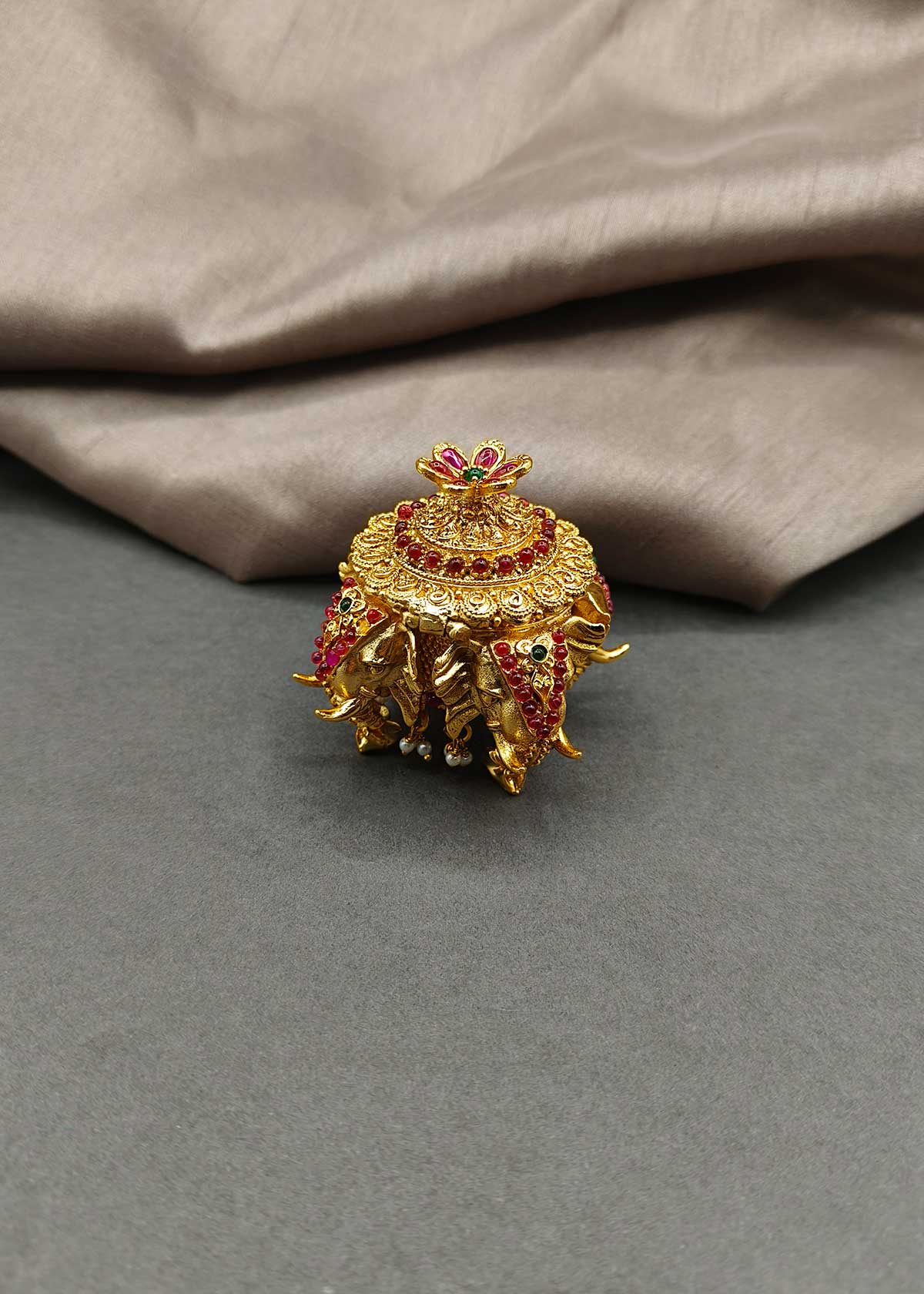Royal Antique Gold-Plated Elephant Motif Kumkum Box / Sindoor Box