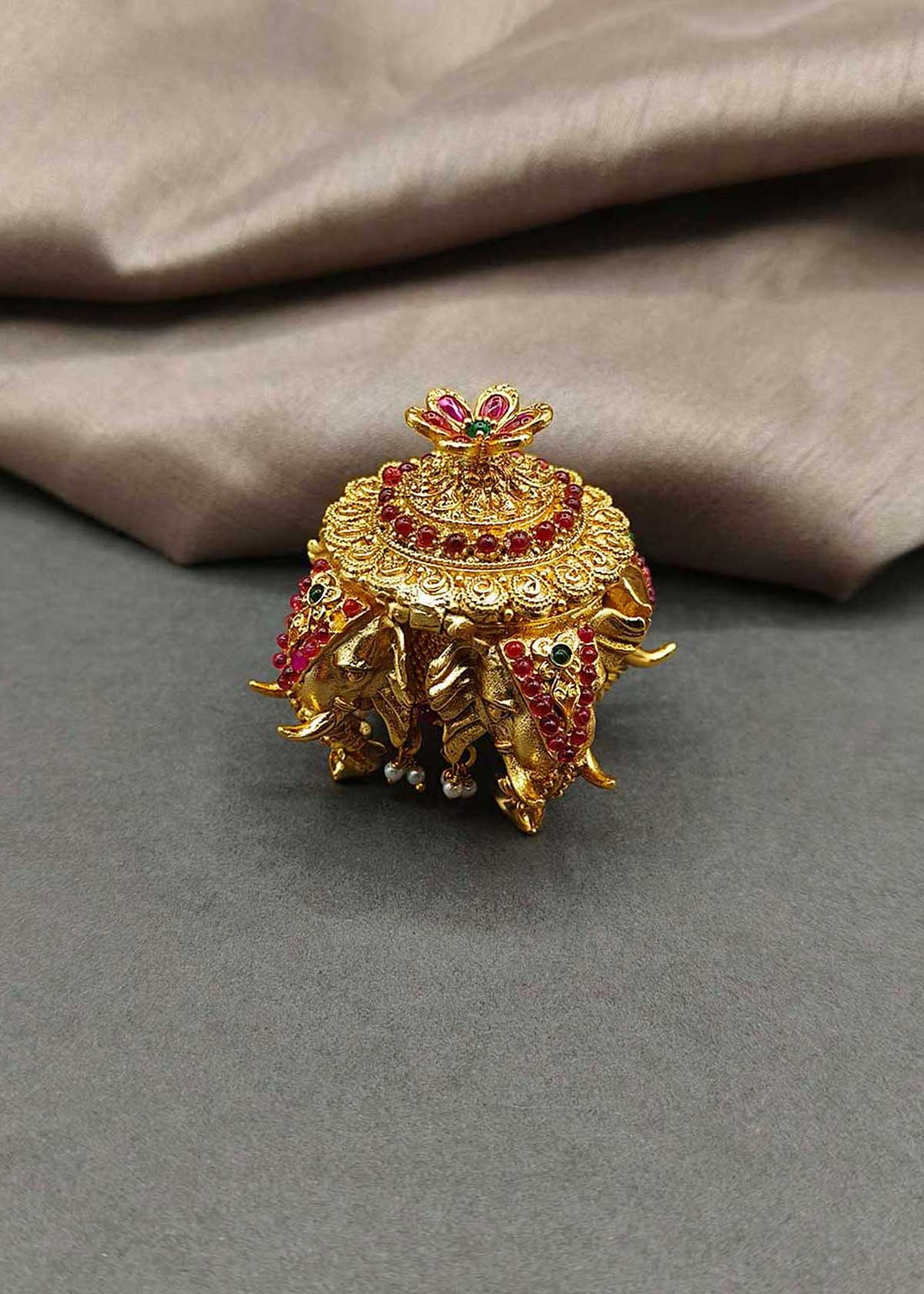 Royal Antique Gold-Plated Elephant Motif Kumkum Box / Sindoor Box