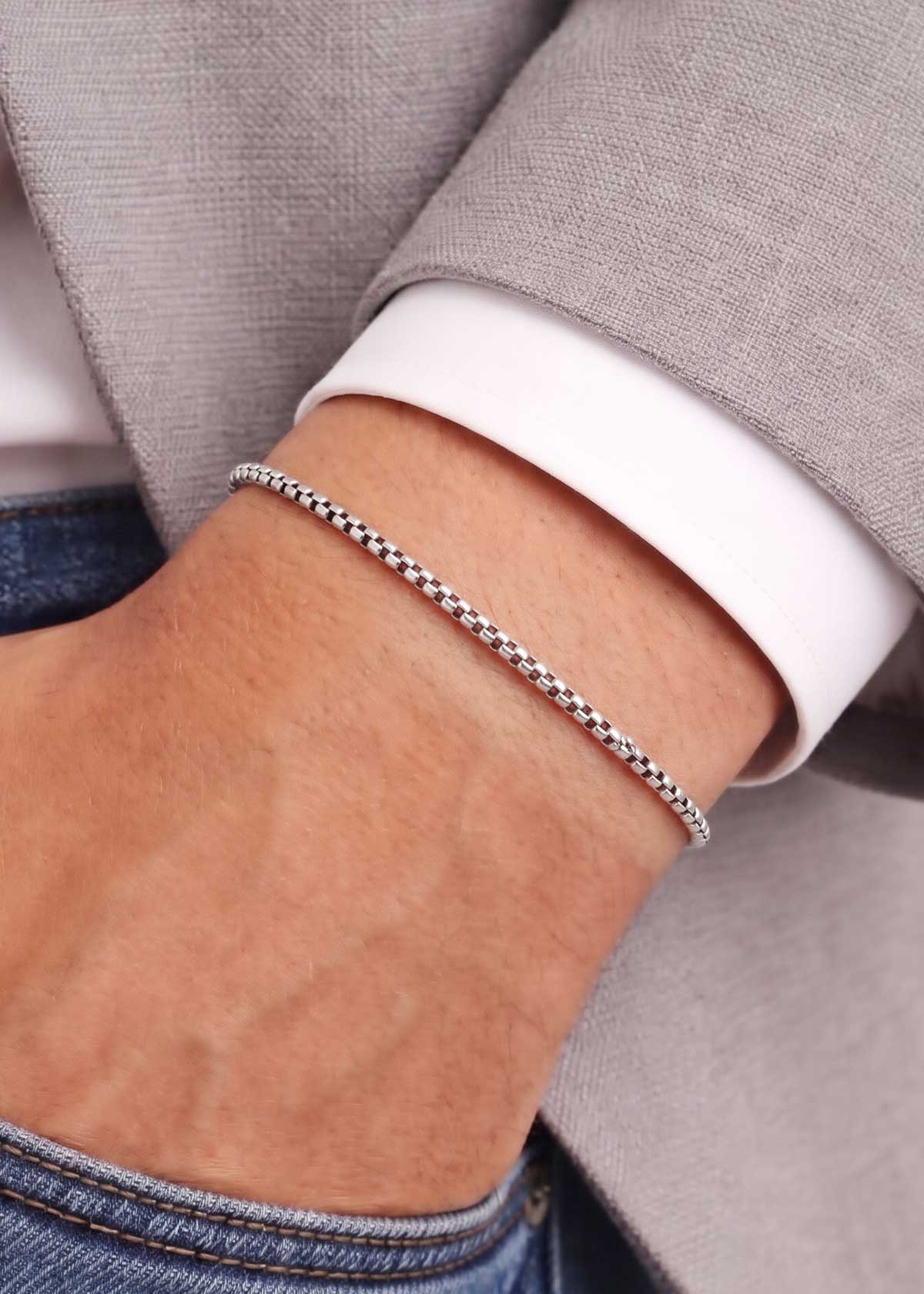92.5 Sterling Silver Round-Box Link Men's Loose Bracelet