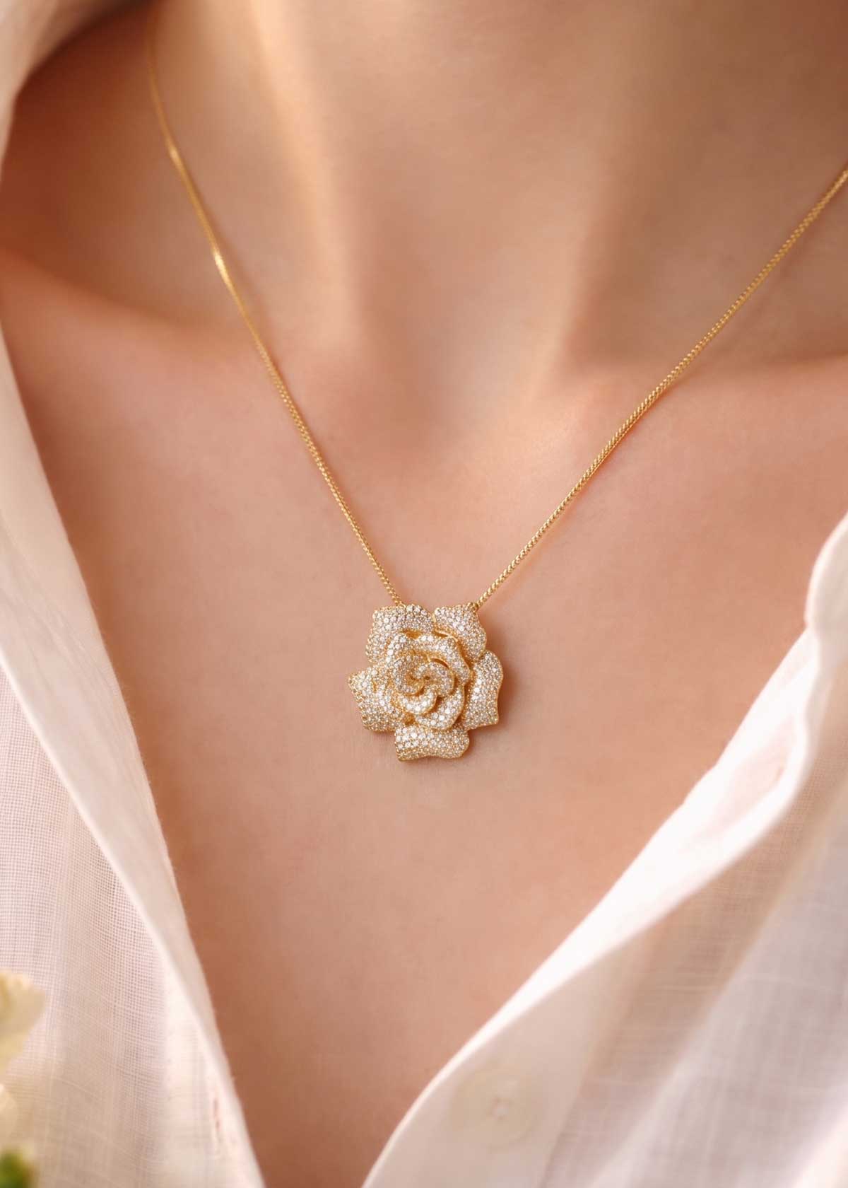 Sparkling Cubic Zircon Rose Flower Pendant Set With Chain For Women