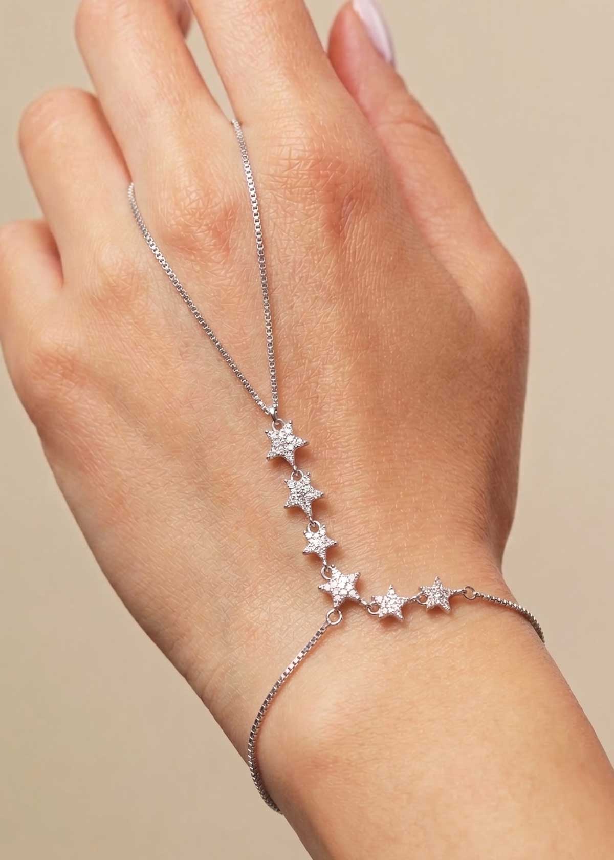 Shimmering Pavé Cubic Zircon Multi-Star Draped Fully Adjustable Slider Hathpan / Hathphool (Single)