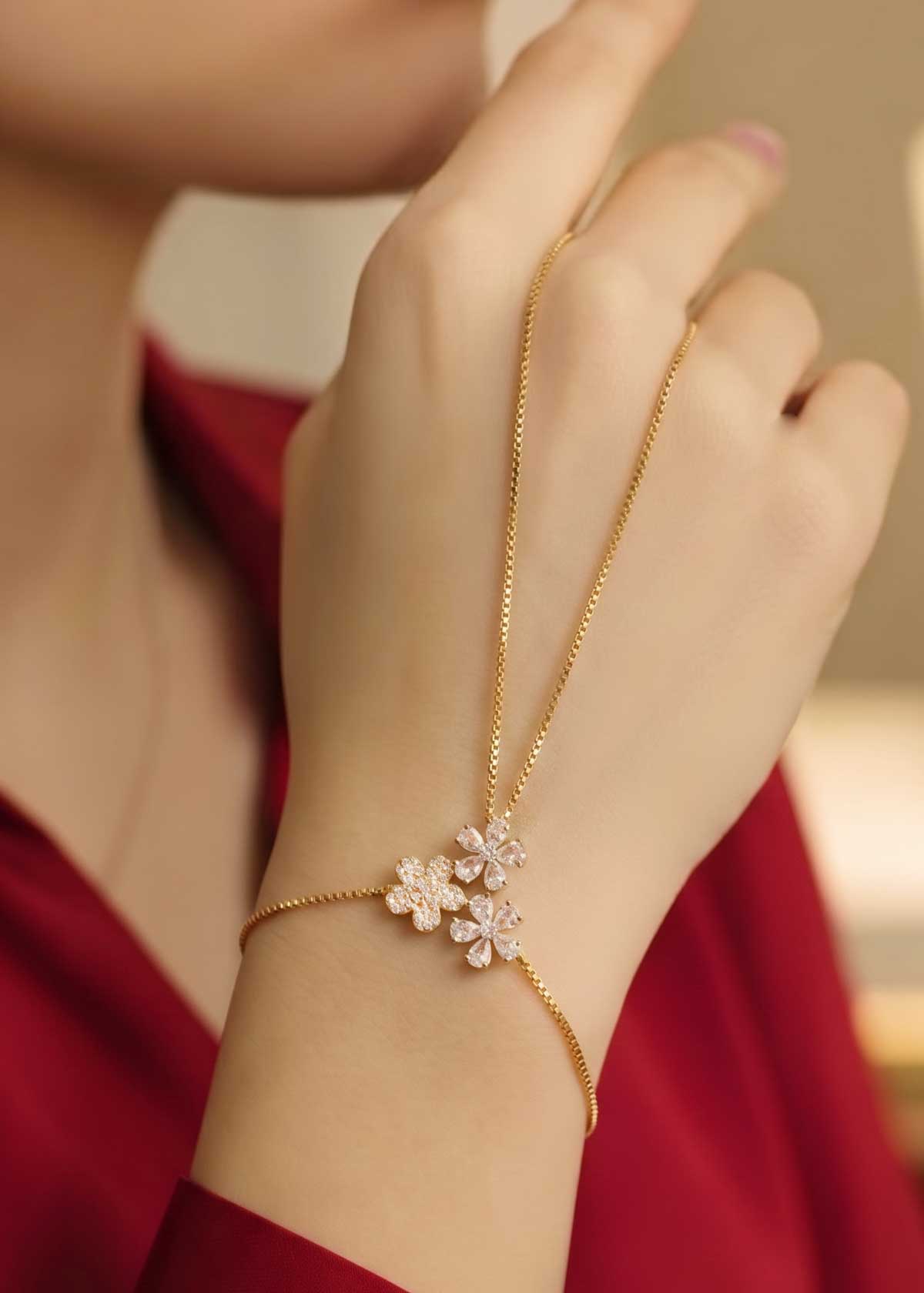 Graceful Diamond-Look Cubic Zircon Trio Flower Fully Adjustable Slider Hathpan / Hathphool (Single)