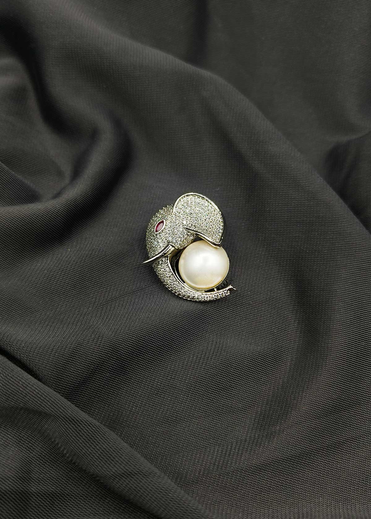 Majestic Cubic Zircon & Pearl Elephant Figurine Brooch / Lapel Pin