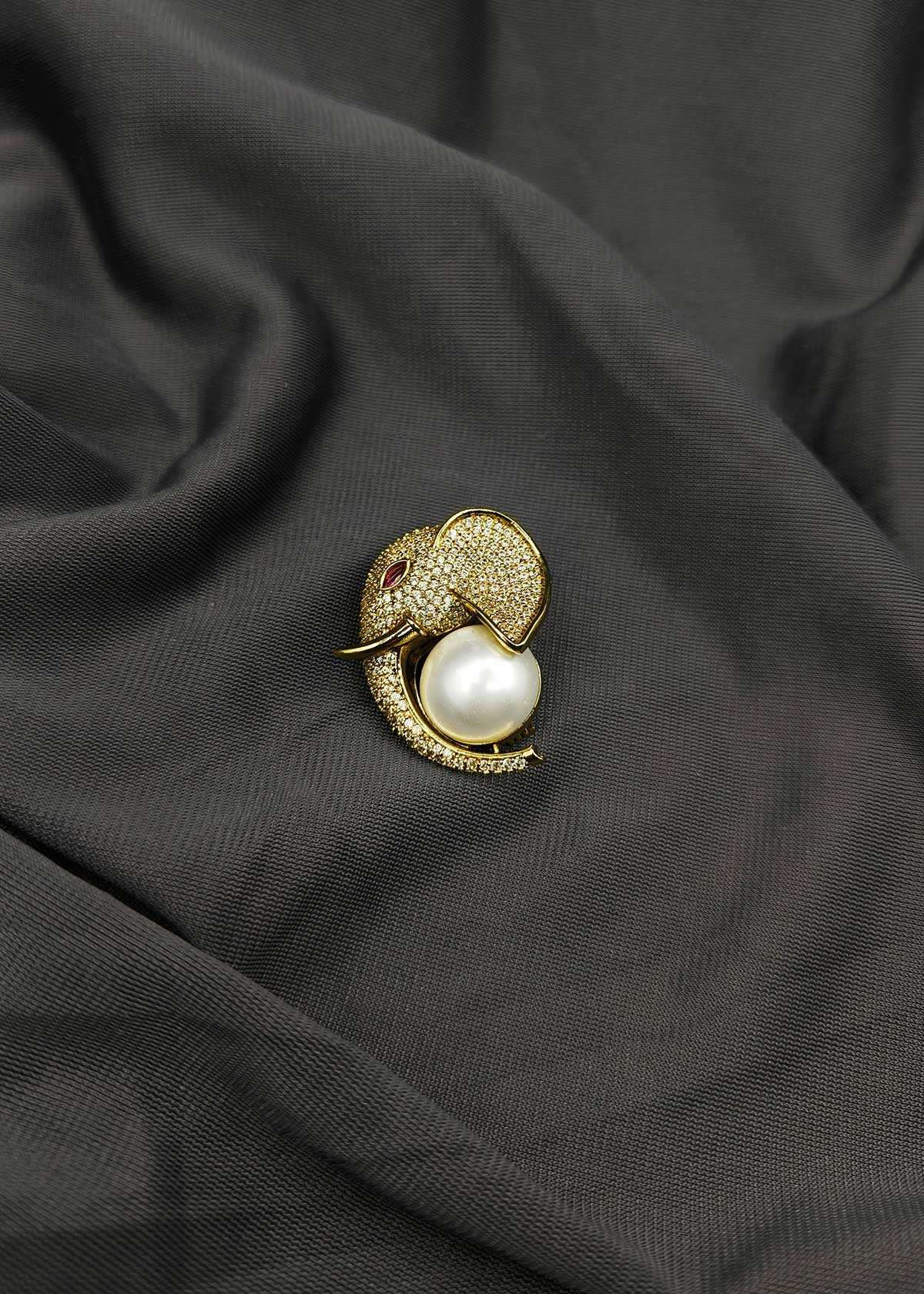 Majestic Cubic Zircon & Pearl Elephant Figurine Brooch / Lapel Pin