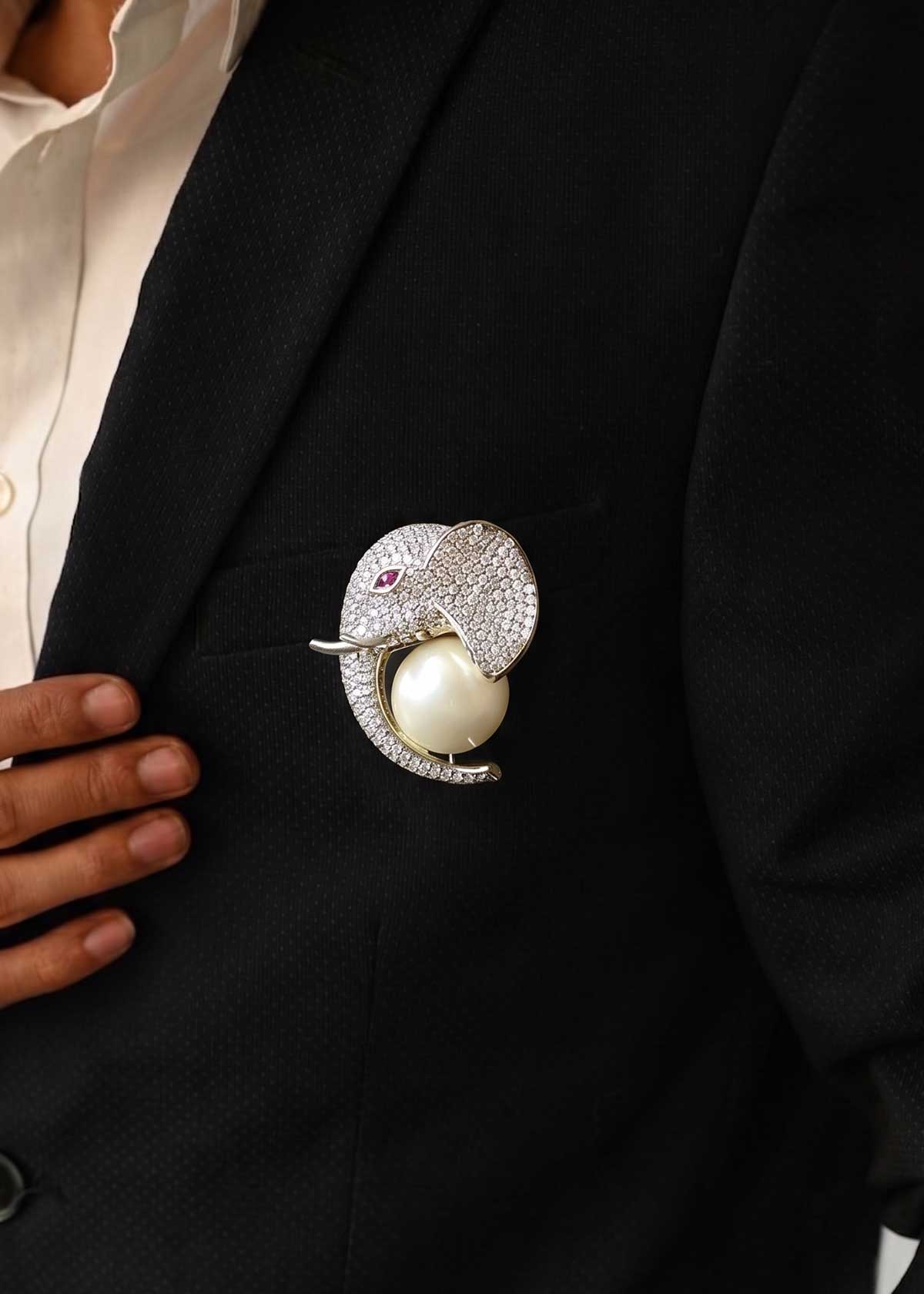 Majestic Cubic Zircon & Pearl Elephant Figurine Brooch / Lapel Pin