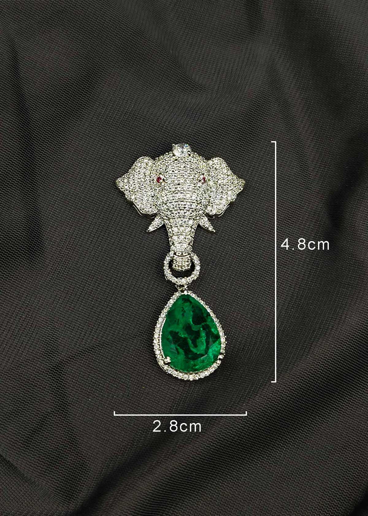 Grand Diamond-Look Cubic Zircon & Emerald Elephant Figurine Magnetic Brooch / Lapel Pin