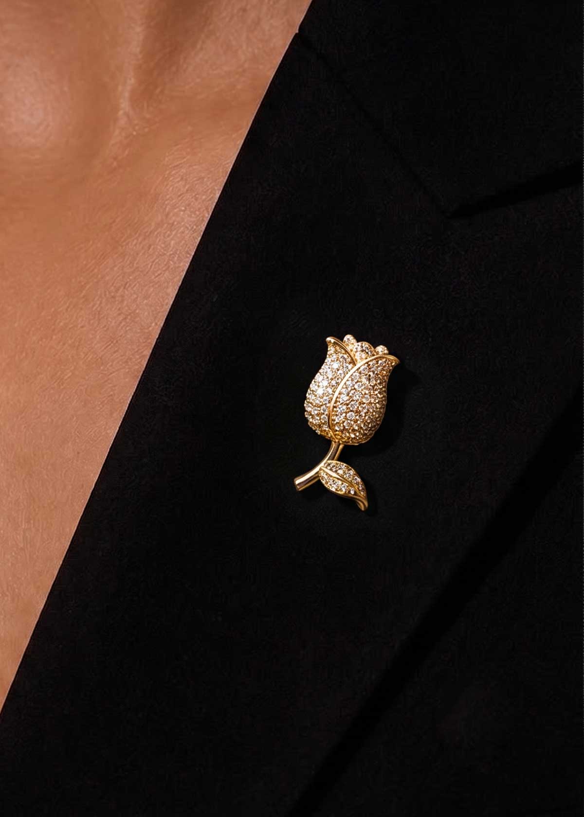 Delicate Cubic Zircon Studded Blooming Rosebud Brooch / Lapel Pin