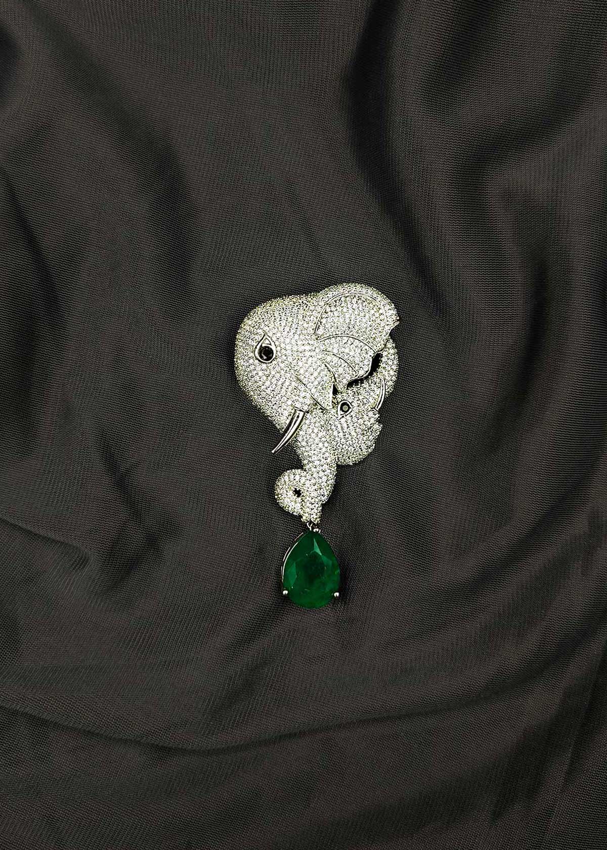Opulent Cubic Zircon Elephant Big Brooch / Lapel Pin With Hanging Emerald Drop