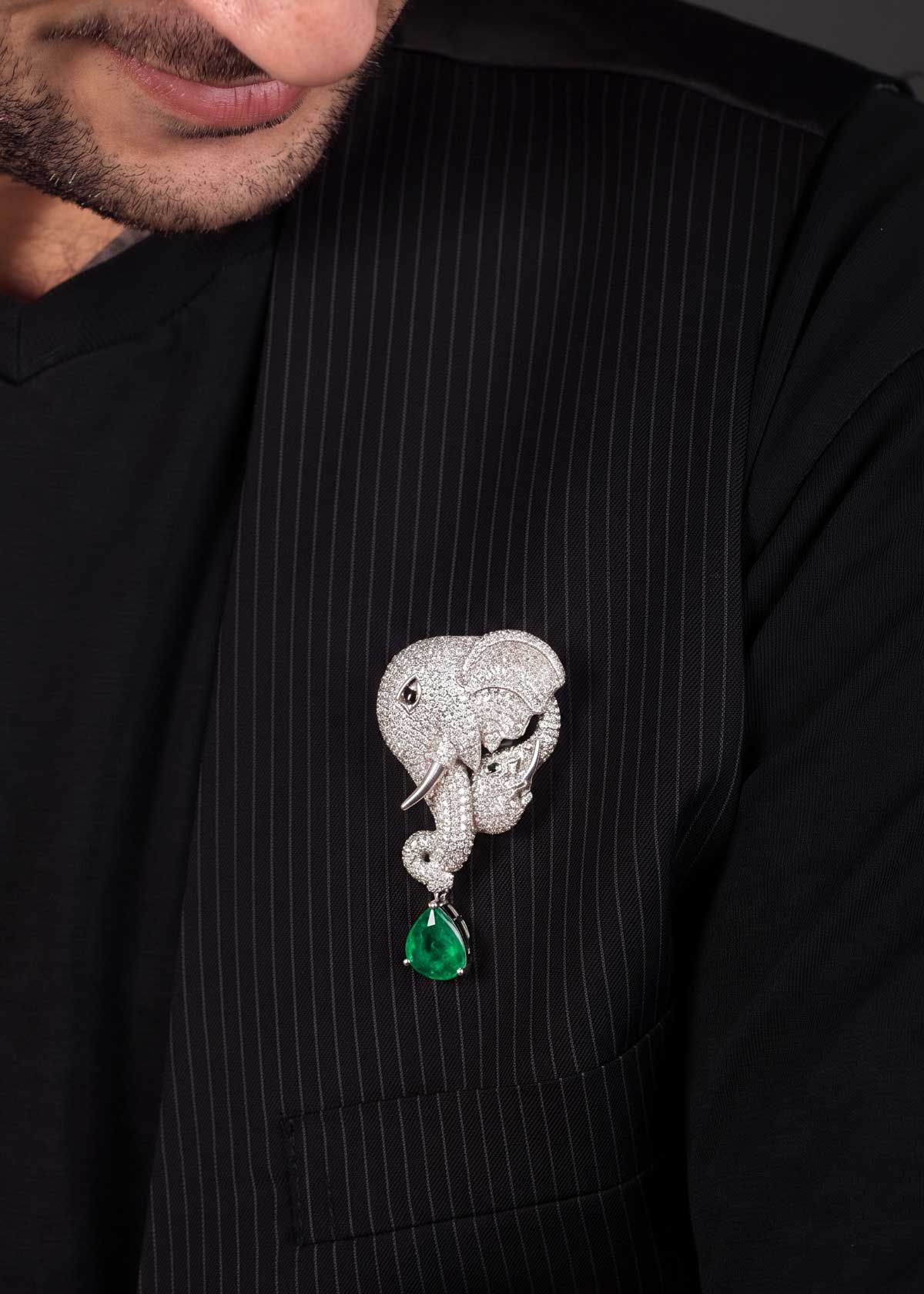 Opulent Cubic Zircon Elephant Big Brooch / Lapel Pin With Hanging Emerald Drop