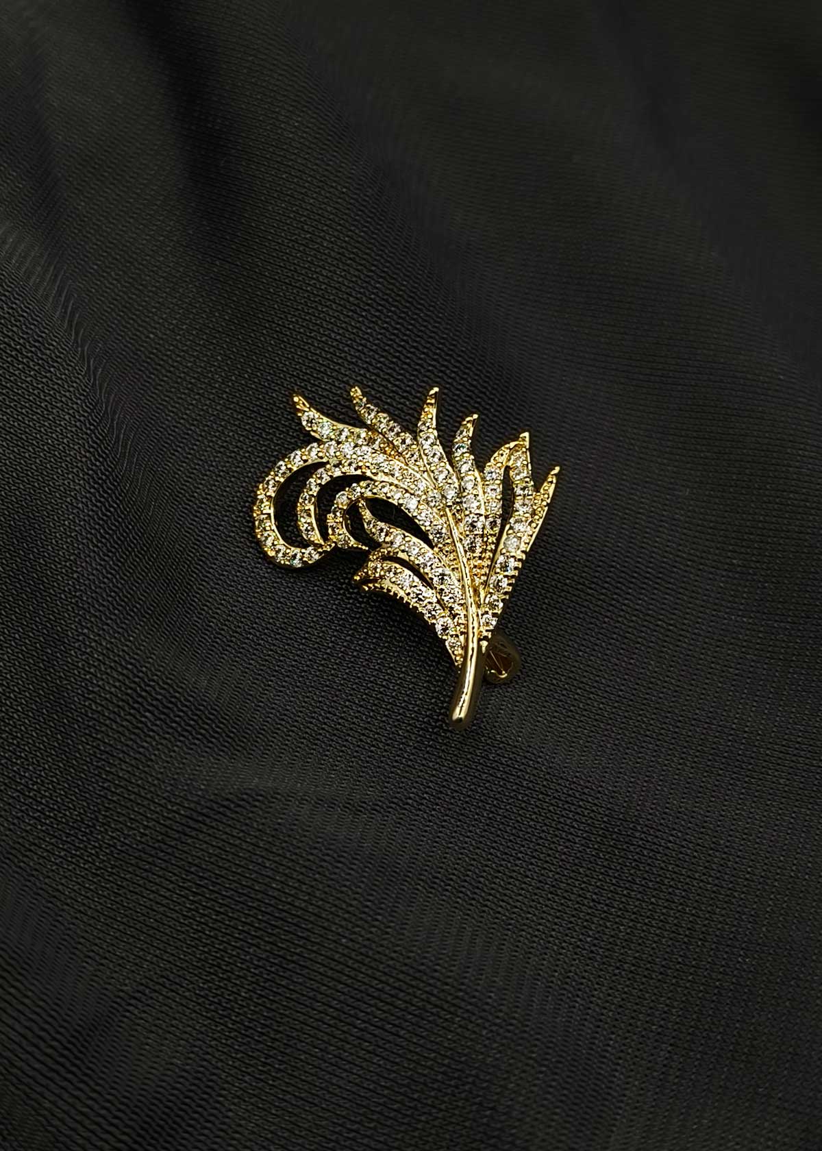 Graceful Cubic Zircon Studded Feather Motif Brooch / Lapel Pin
