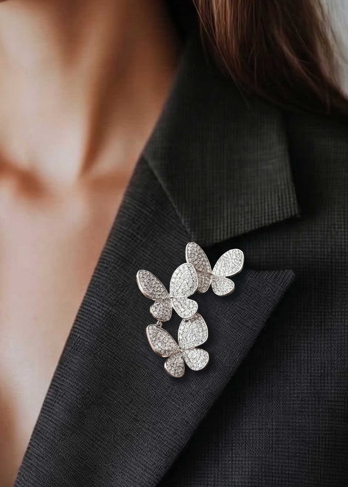 Shimmering Cubic Zircon Trio Butterfly Bunch Big Brooch / Lapel Pin