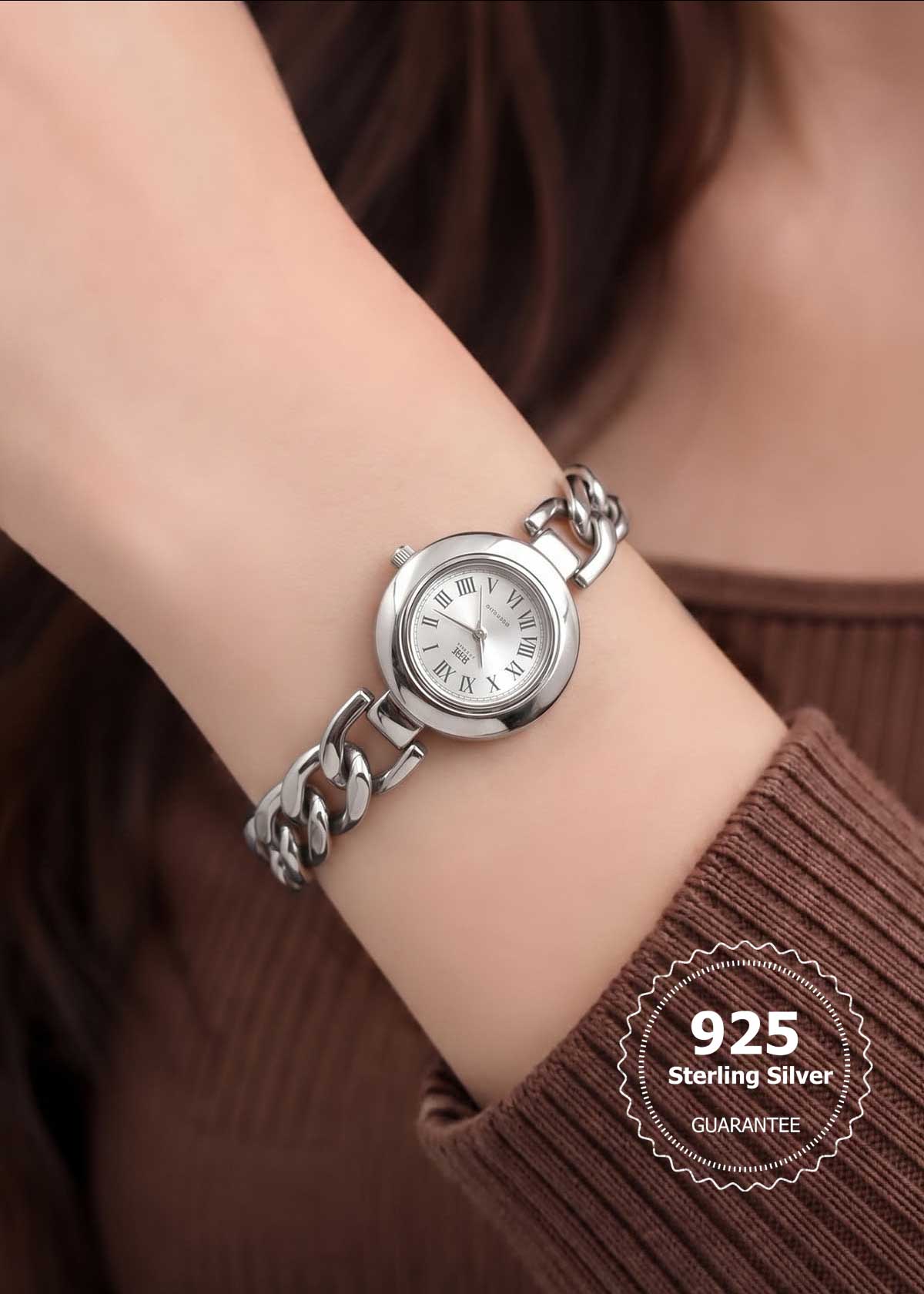 92.5 Sterling Silver Curb Chain Watch For Women