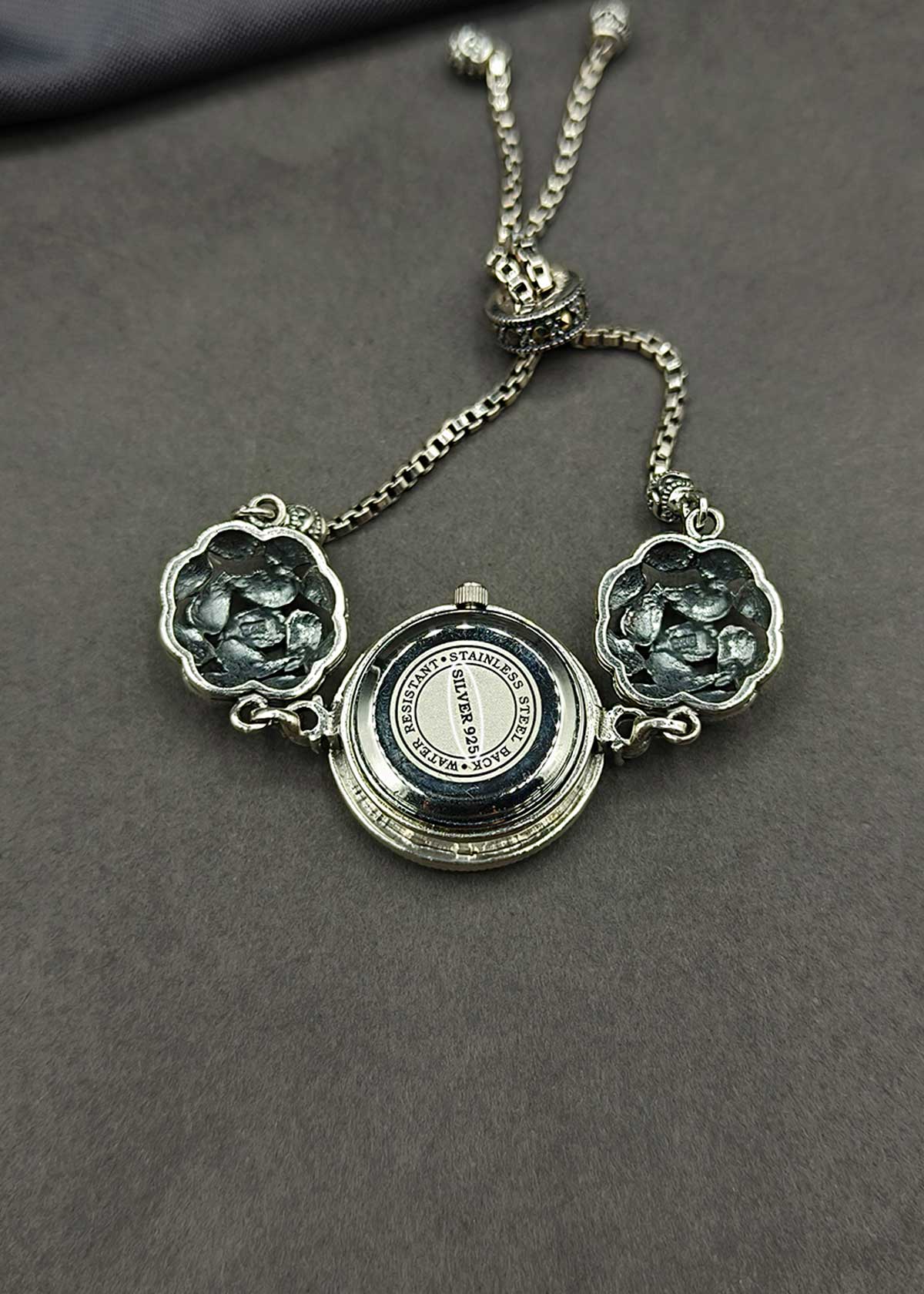 92.5 Sterling Silver Floral Motif Marcasite Slider Adjustable Watch For Women
