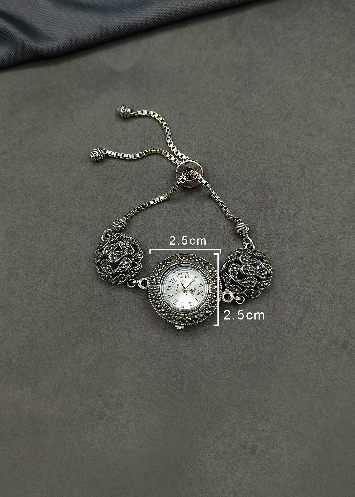 92.5 Sterling Silver Floral Motif Marcasite Slider Adjustable Watch For Women