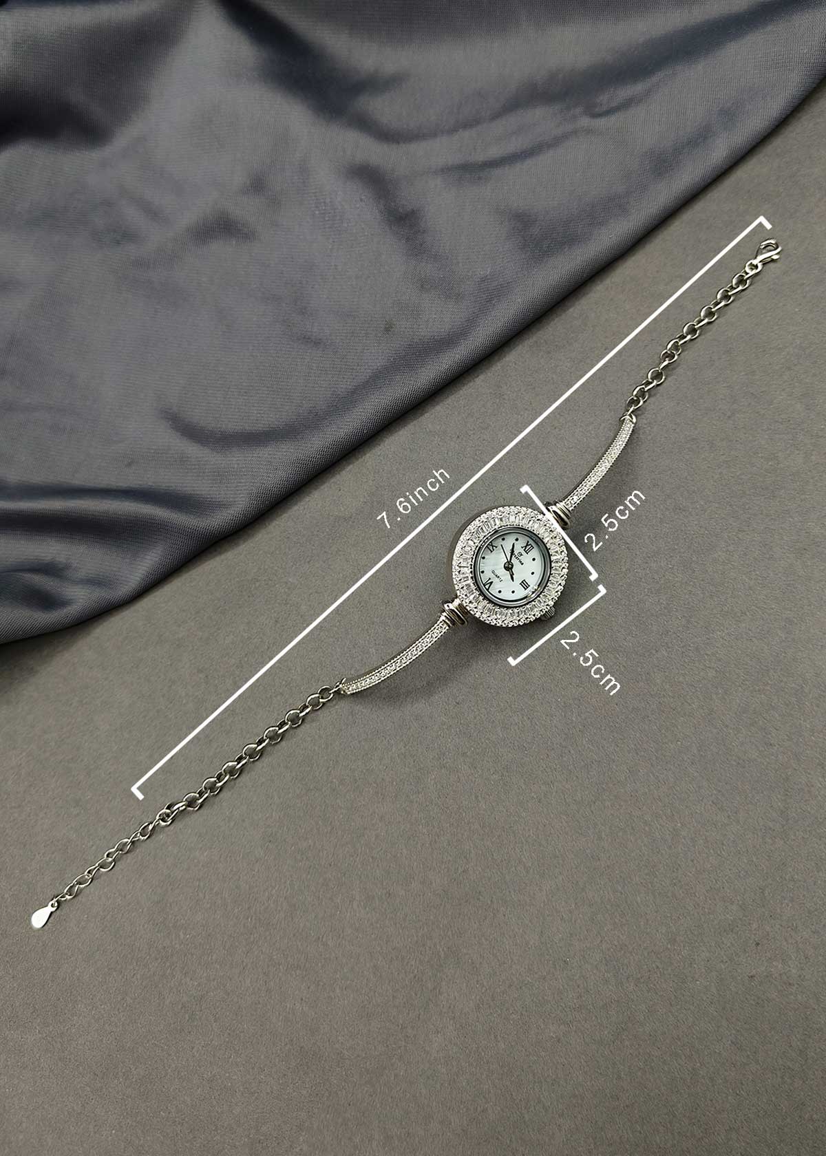 92.5 Sterling Silver Baguette & Cubic Zircon Adjustable Bracelet Watch For Women