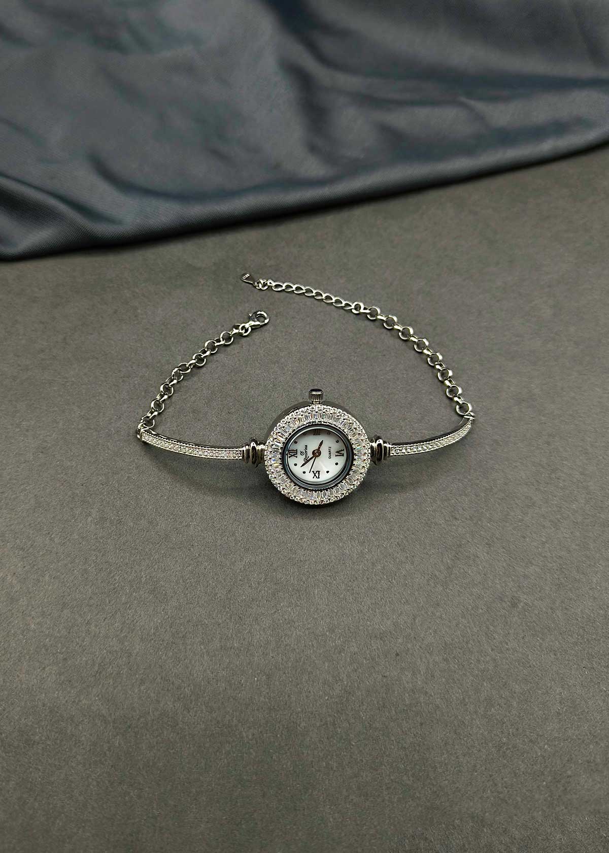 92.5 Sterling Silver Baguette & Cubic Zircon Adjustable Bracelet Watch For Women