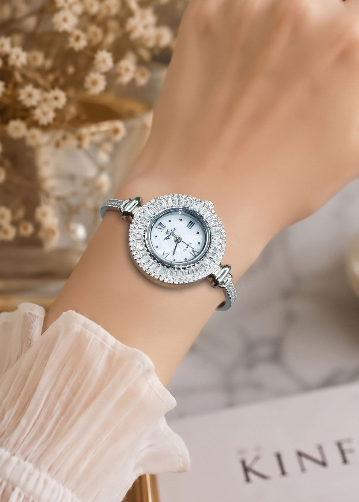 92.5 Sterling Silver Baguette & Cubic Zircon Adjustable Bracelet Watch For Women