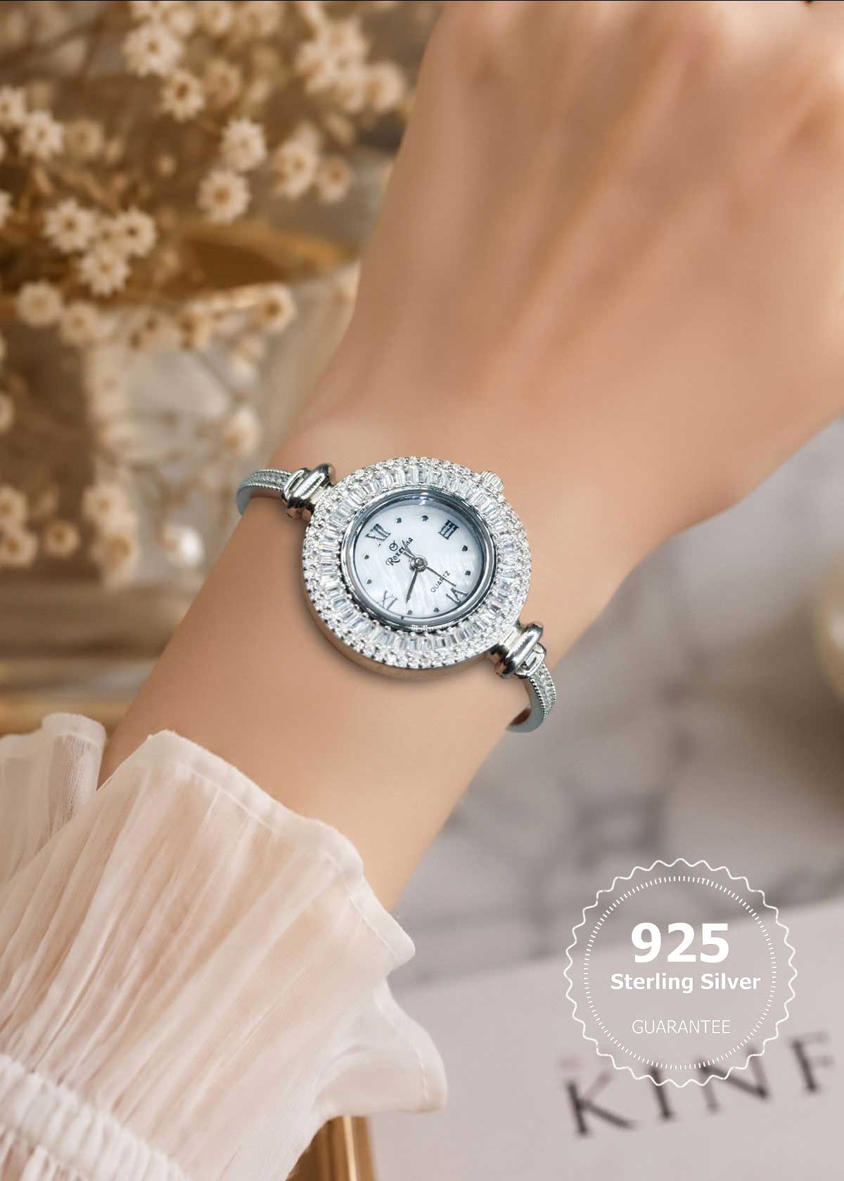 92.5 Silver Baguette Zircon Adjustable Watch For Women