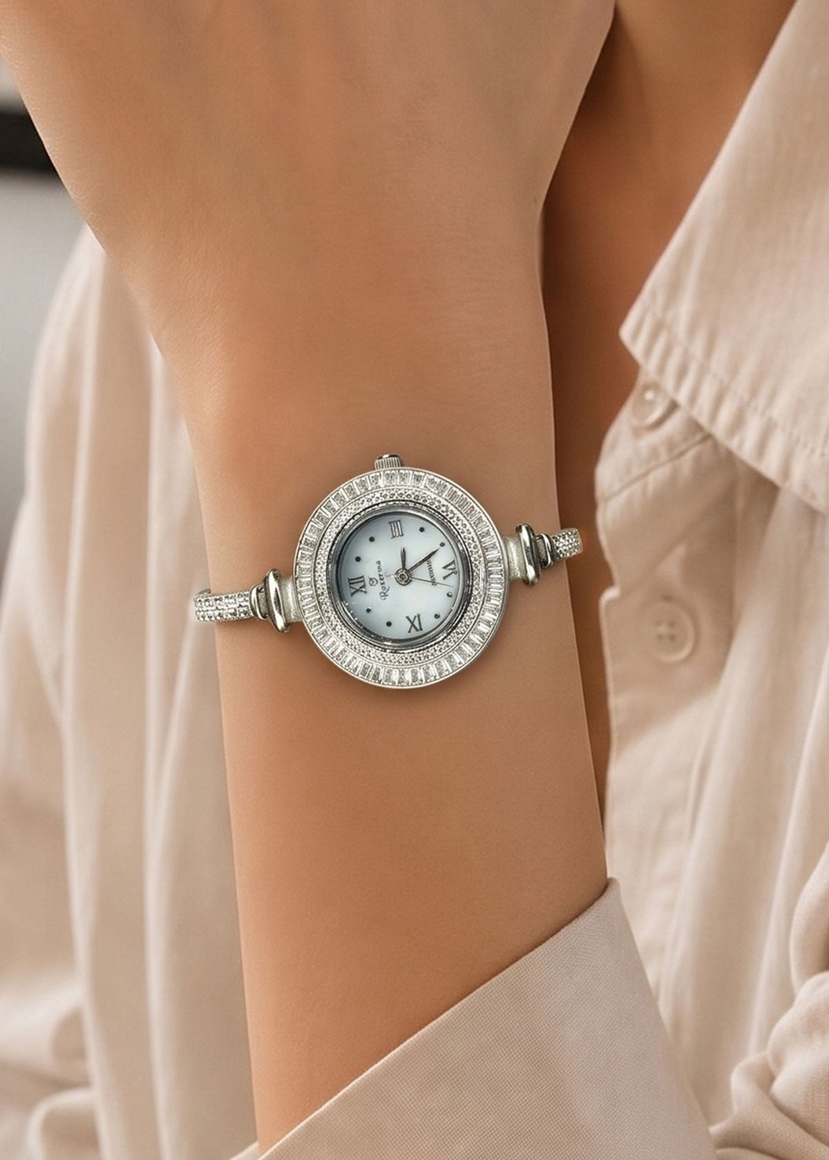 92.5 Sterling Silver Baguette Cubic Zircon Adjustable Watch For Women
