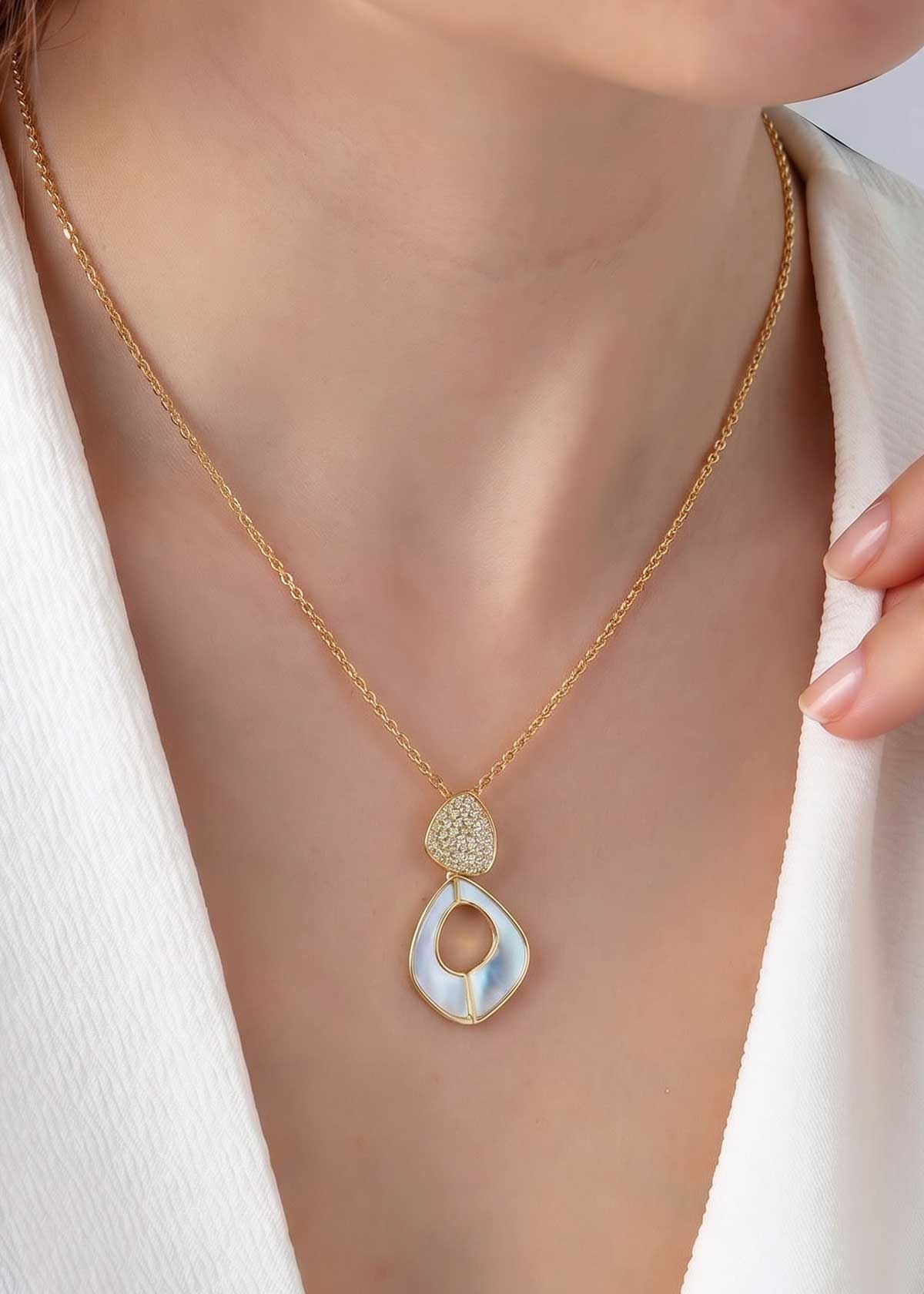 Designer Cubic Zircon & Mother of Pearl Teardrop Pendant Set With Chain For Women