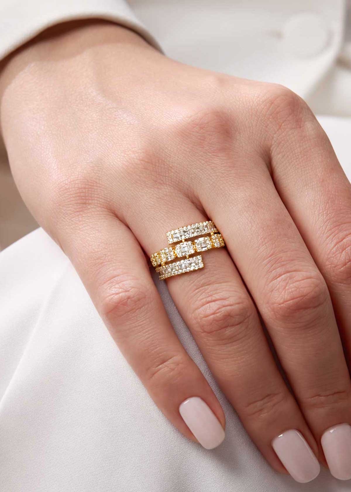 Delicate Baguette & Pavé Cubic Zircon Adjustable Crossover Finger Ring For Women