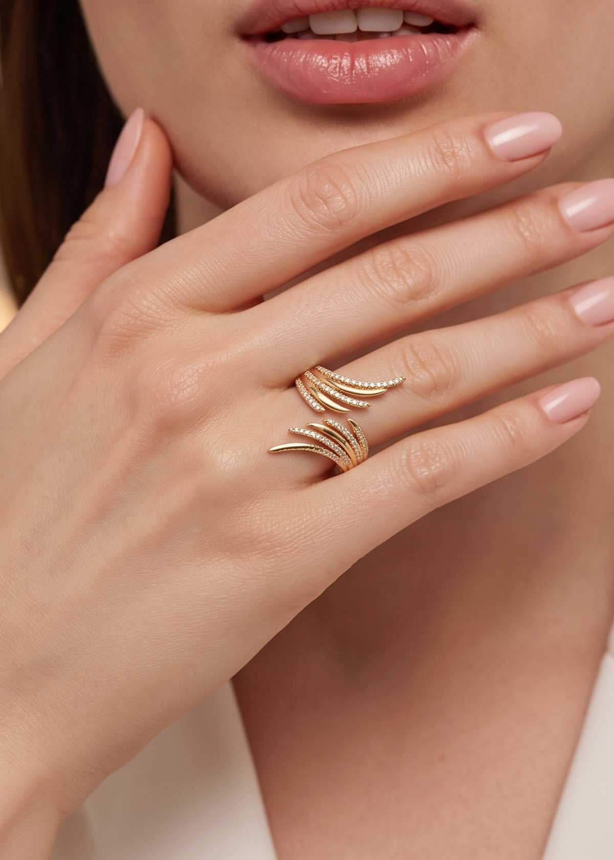 Contemporary Micro-Pavé Cubic Zircon Angel Wing Broad Adjustable Finger Ring For Women