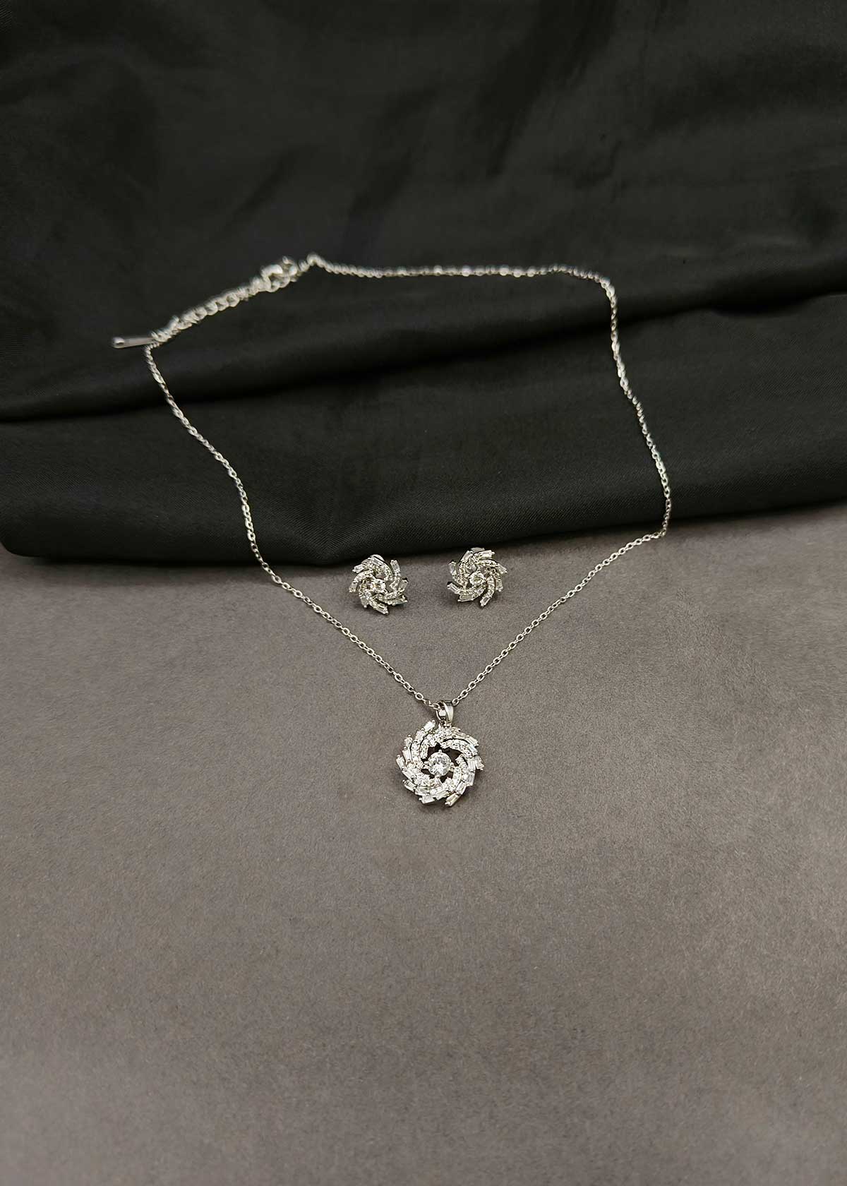 Swirling Baguette & Cubic Zircon Delicate Pendant Set With Chain For Women