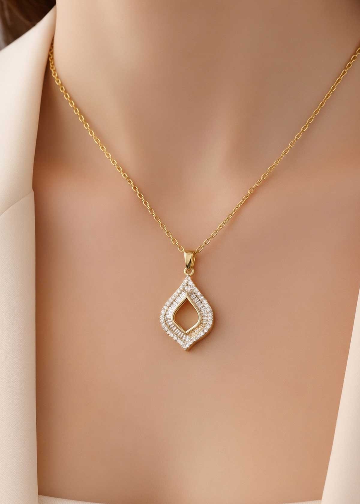 Teardrop Baguette & Cubic Zircon Delicate Pendant Set With Chain For Women