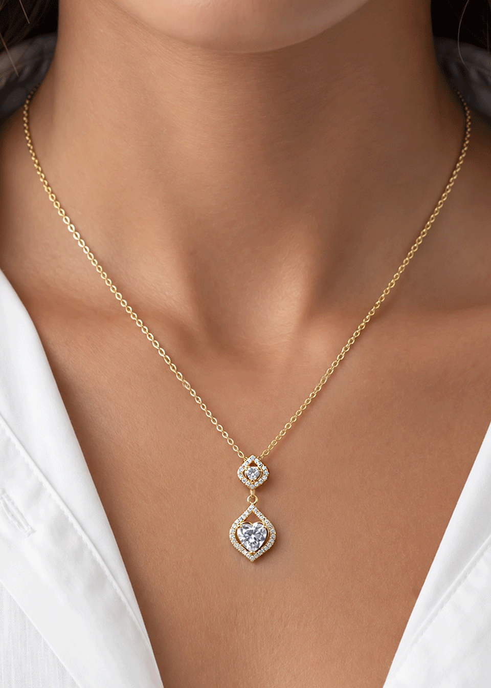 Romantic Double Drop Heart Cubic Zircon Delicate Pendant Set With Chain For Women